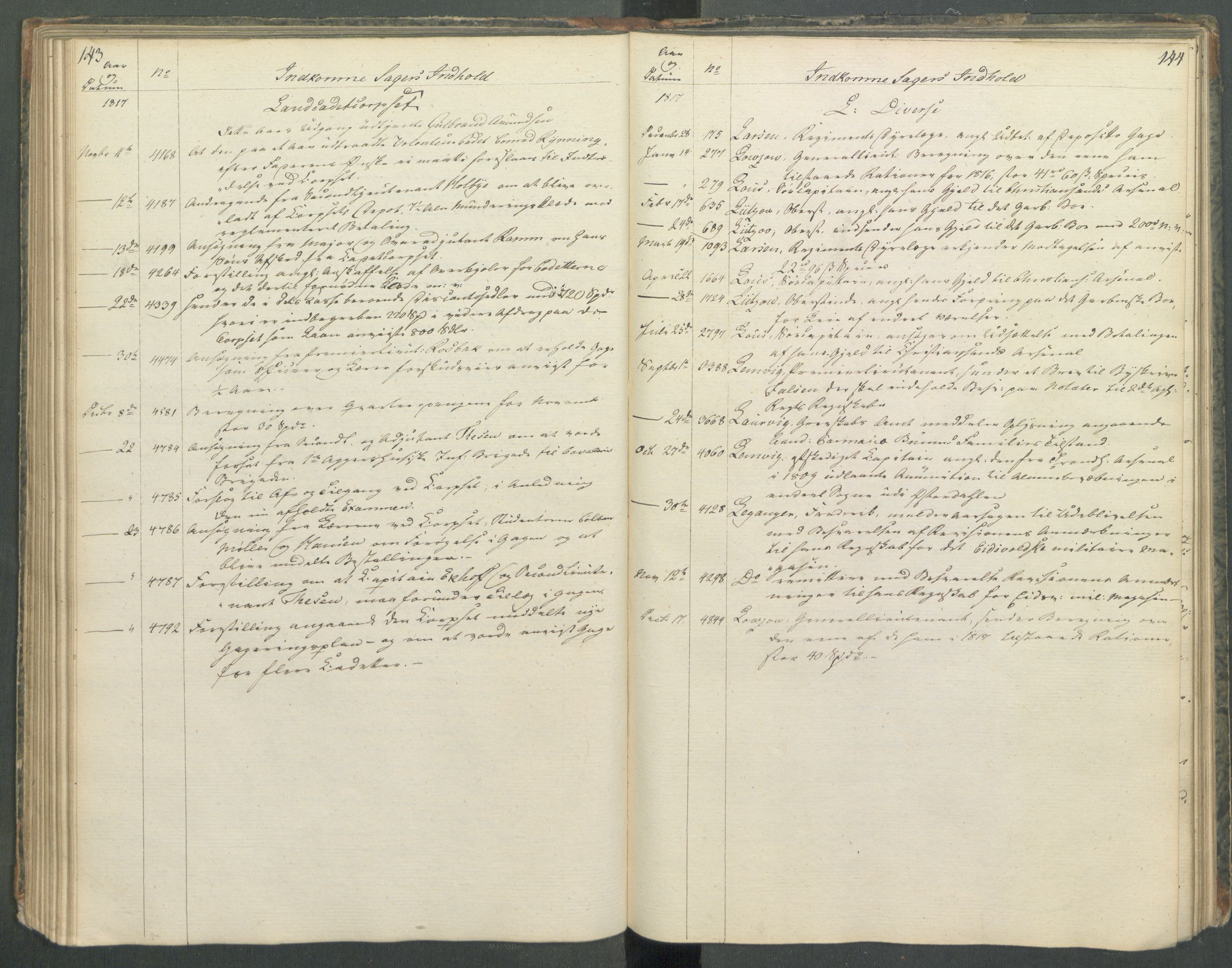Armédepartementet, RA/RAFA-3493/C/Ca/L0013: 6. Departements register over innkomne saker, 1817, p. 143-144