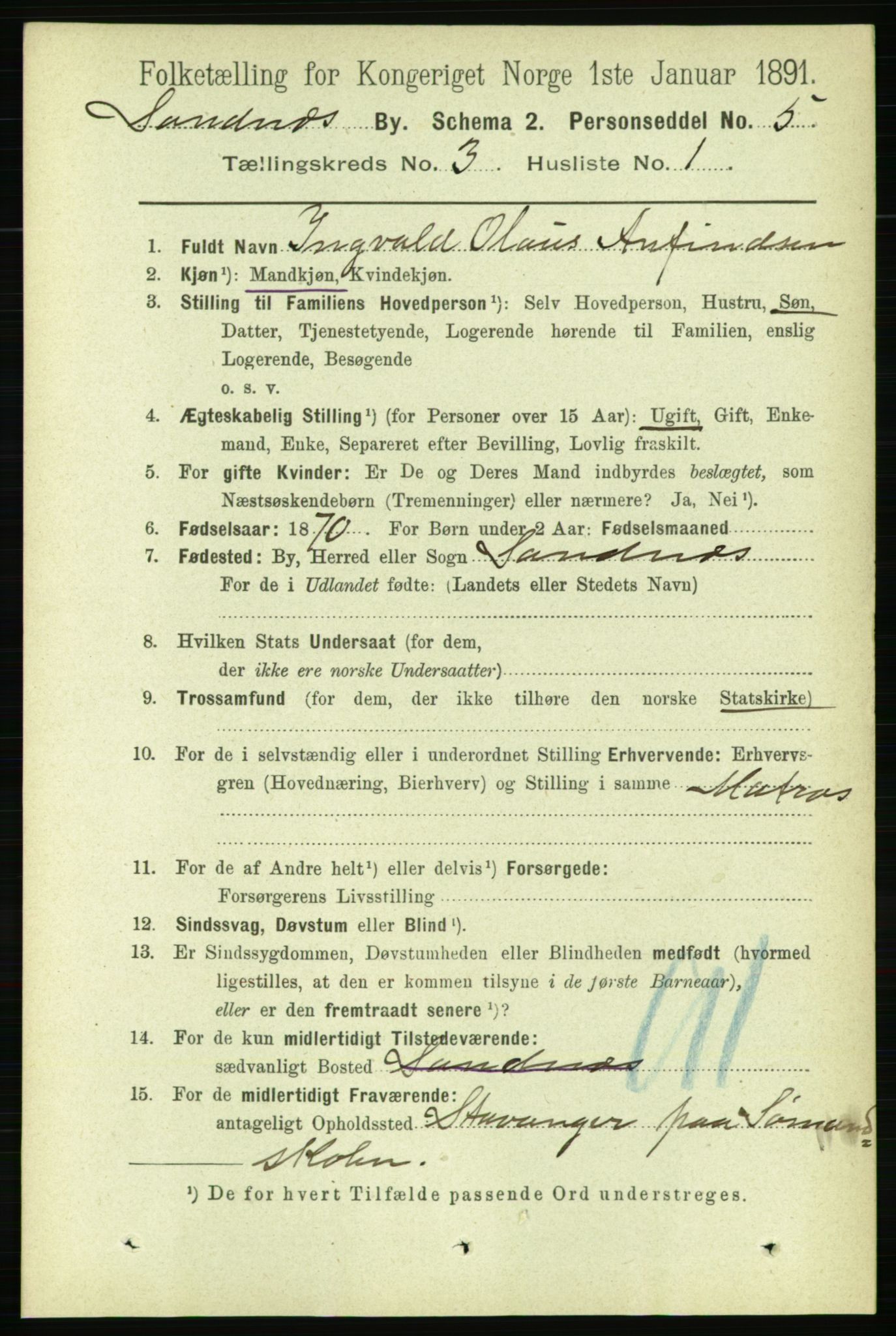 RA, 1891 census for 1102 Sandnes, 1891, p. 1466