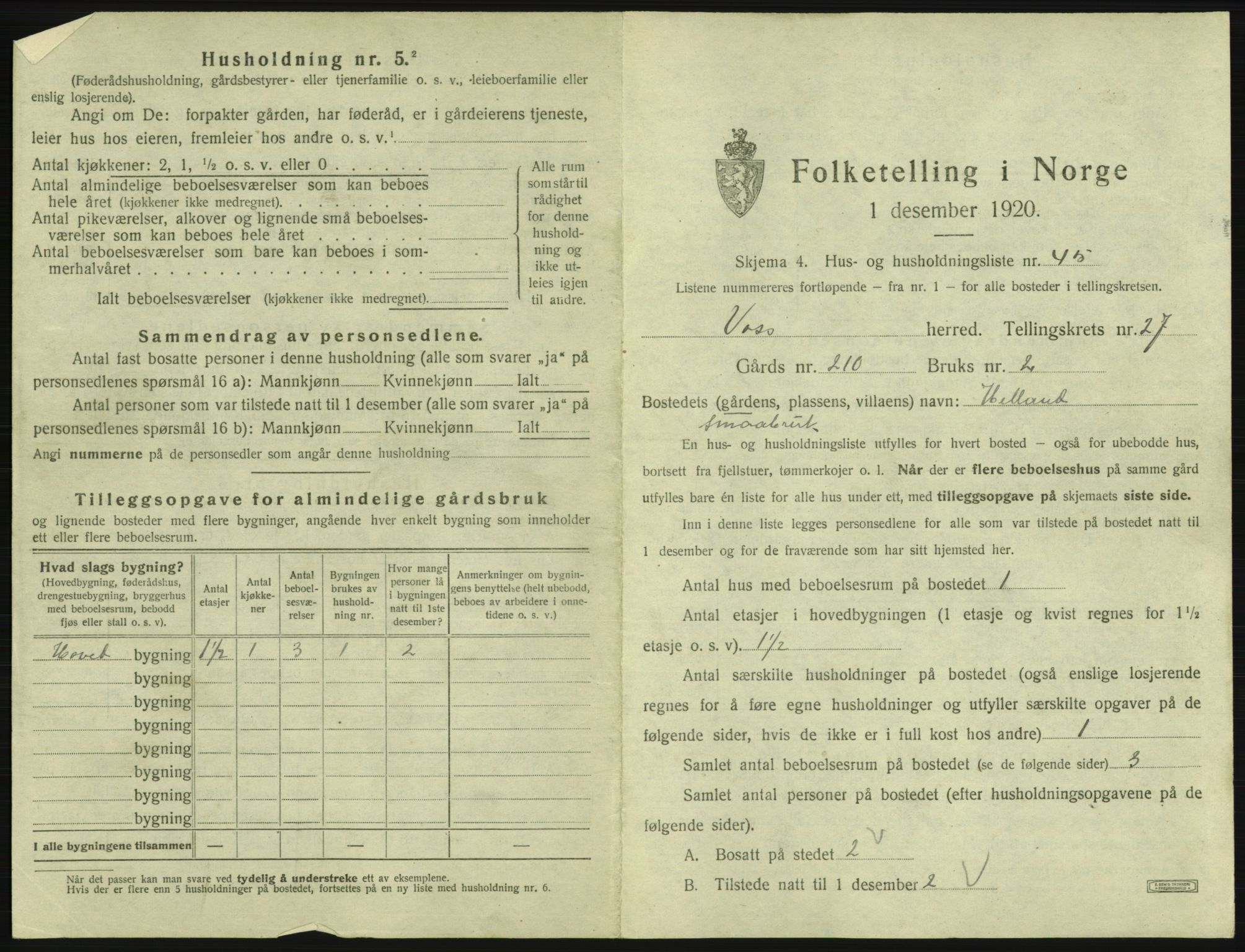 SAB, 1920 census for Voss, 1920, p. 2501