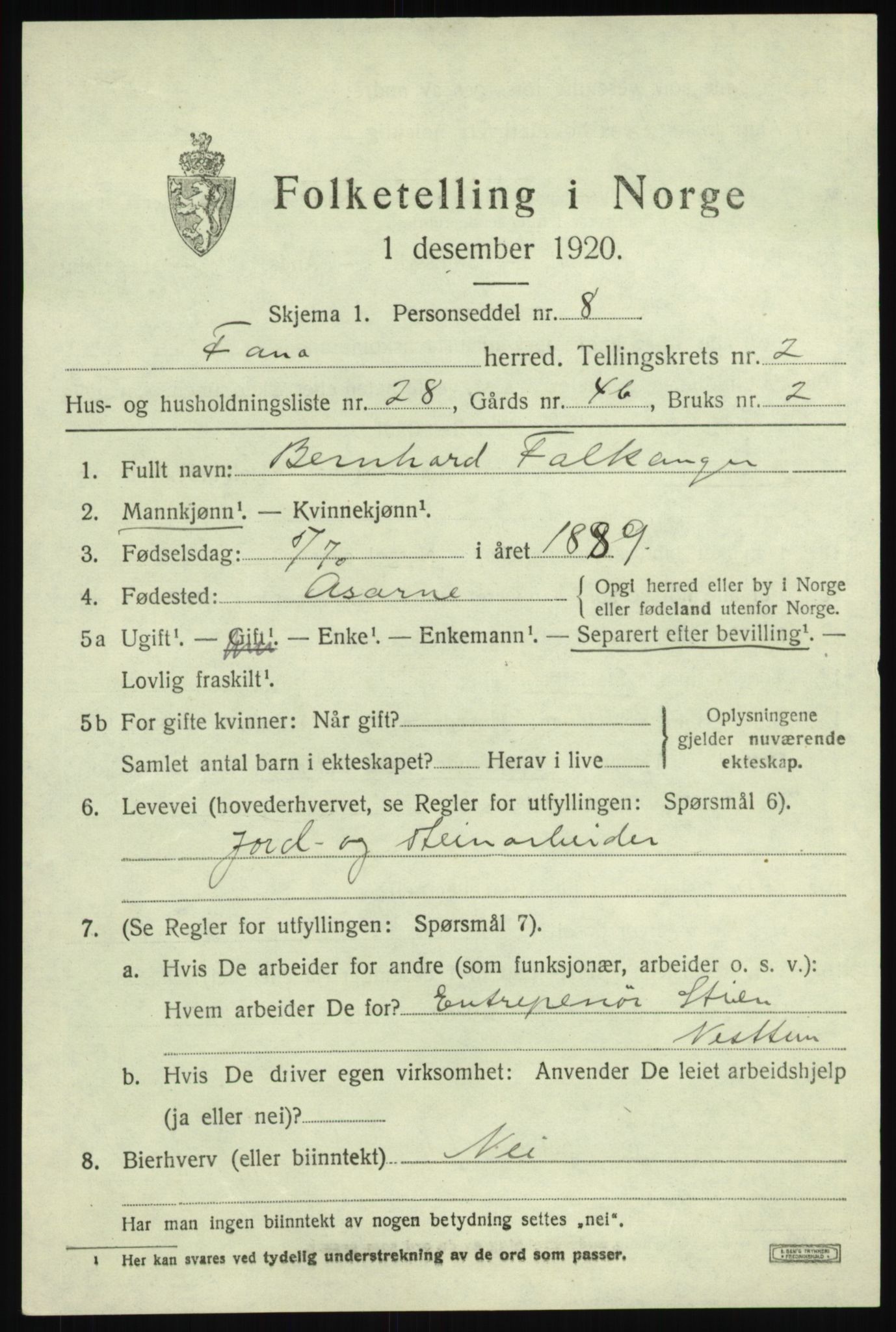 SAB, 1920 census for Fana, 1920, p. 4775