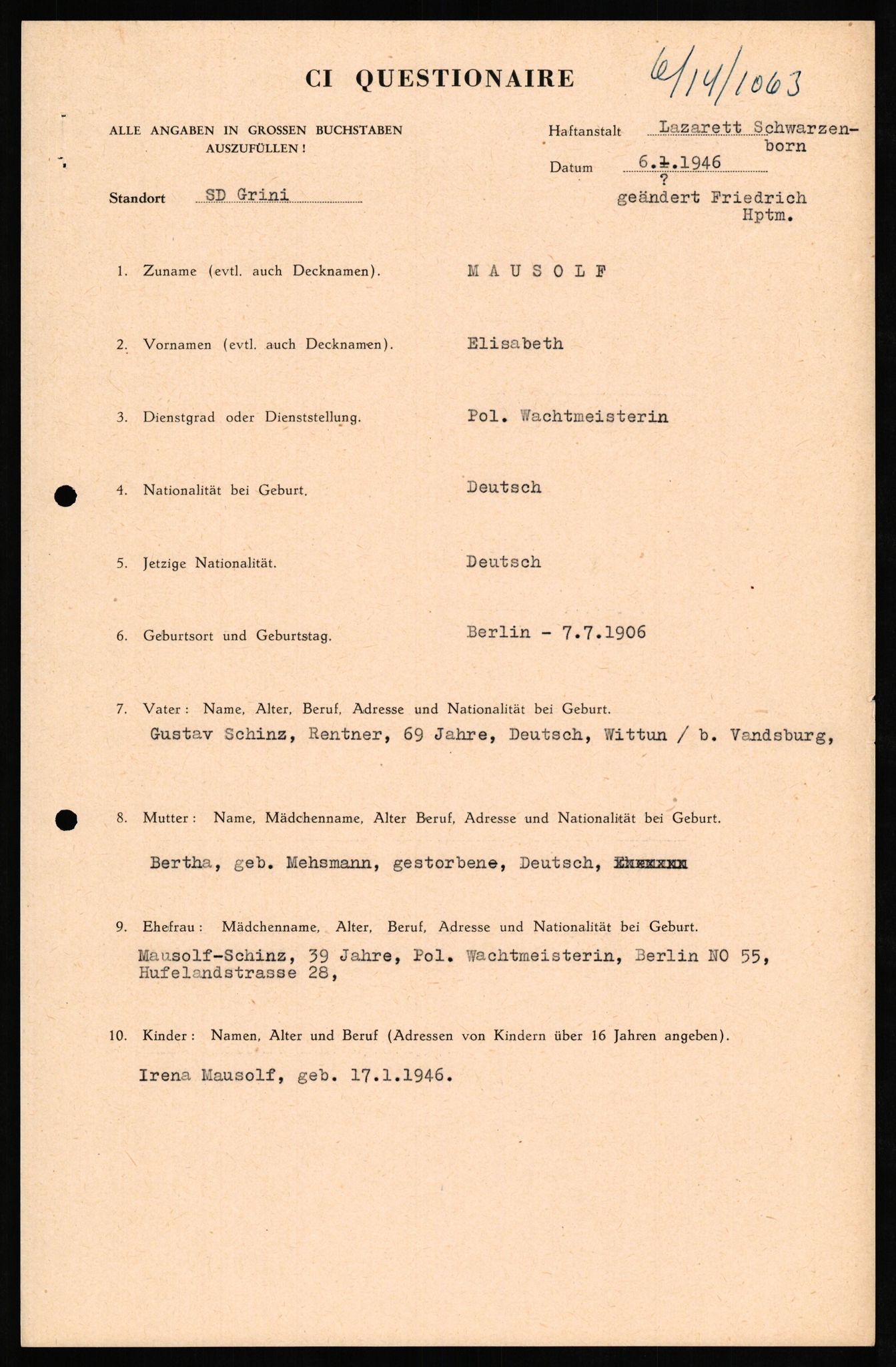 Forsvaret, Forsvarets overkommando II, AV/RA-RAFA-3915/D/Db/L0021: CI Questionaires. Tyske okkupasjonsstyrker i Norge. Tyskere., 1945-1946, p. 258