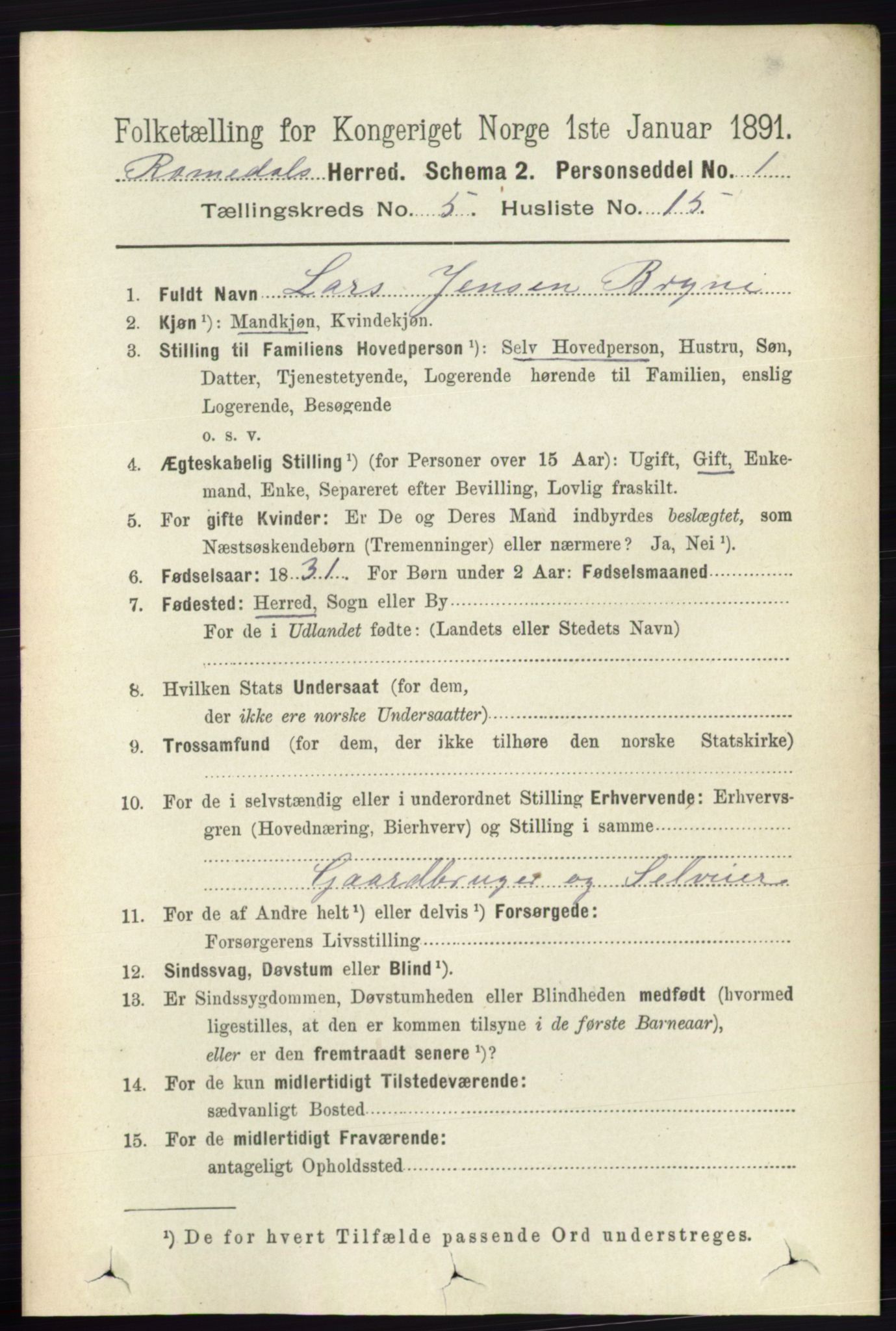 RA, 1891 census for 0416 Romedal, 1891, p. 2529