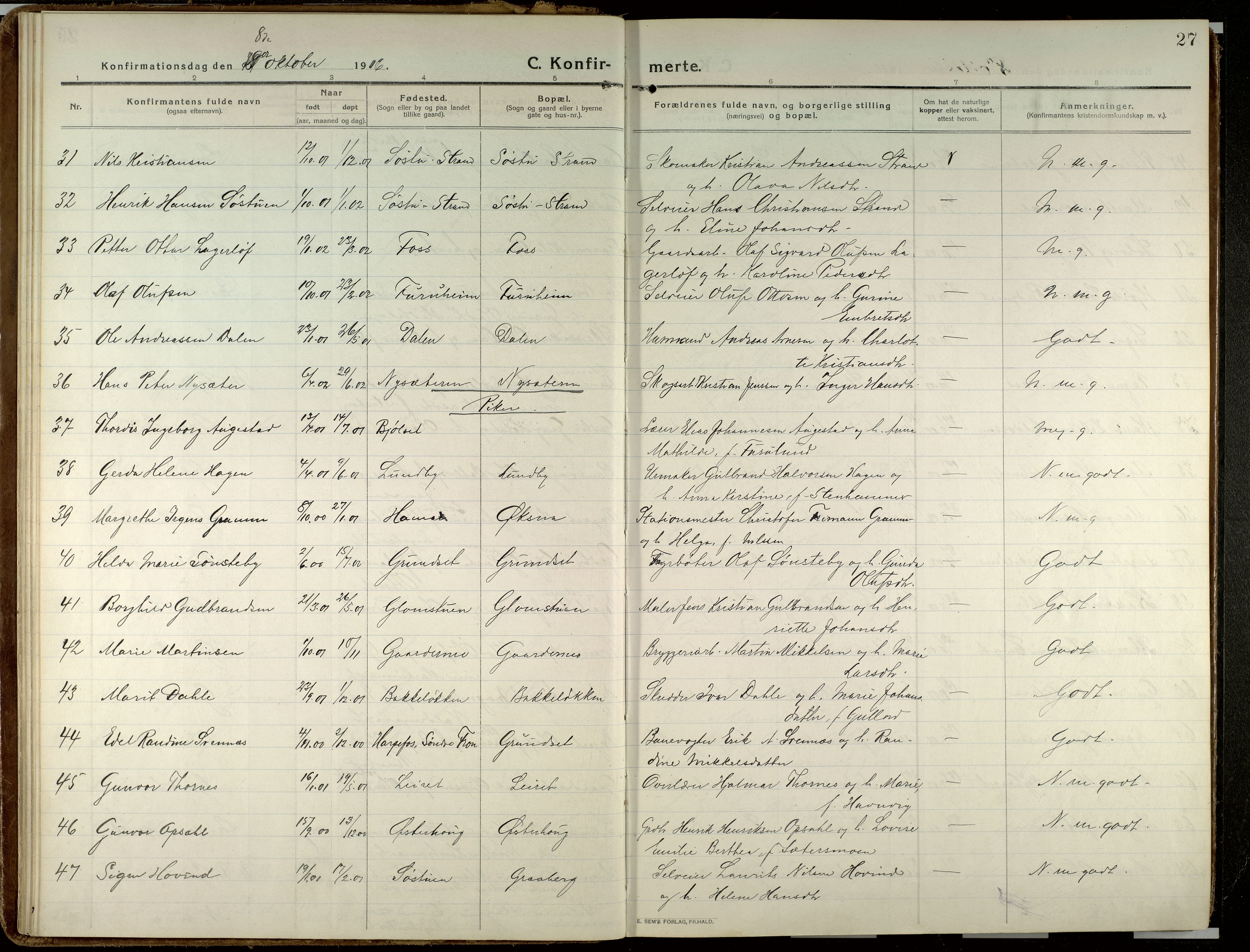 Elverum prestekontor, AV/SAH-PREST-044/H/Ha/Haa/L0023: Parish register (official) no. 23, 1914-1929, p. 27