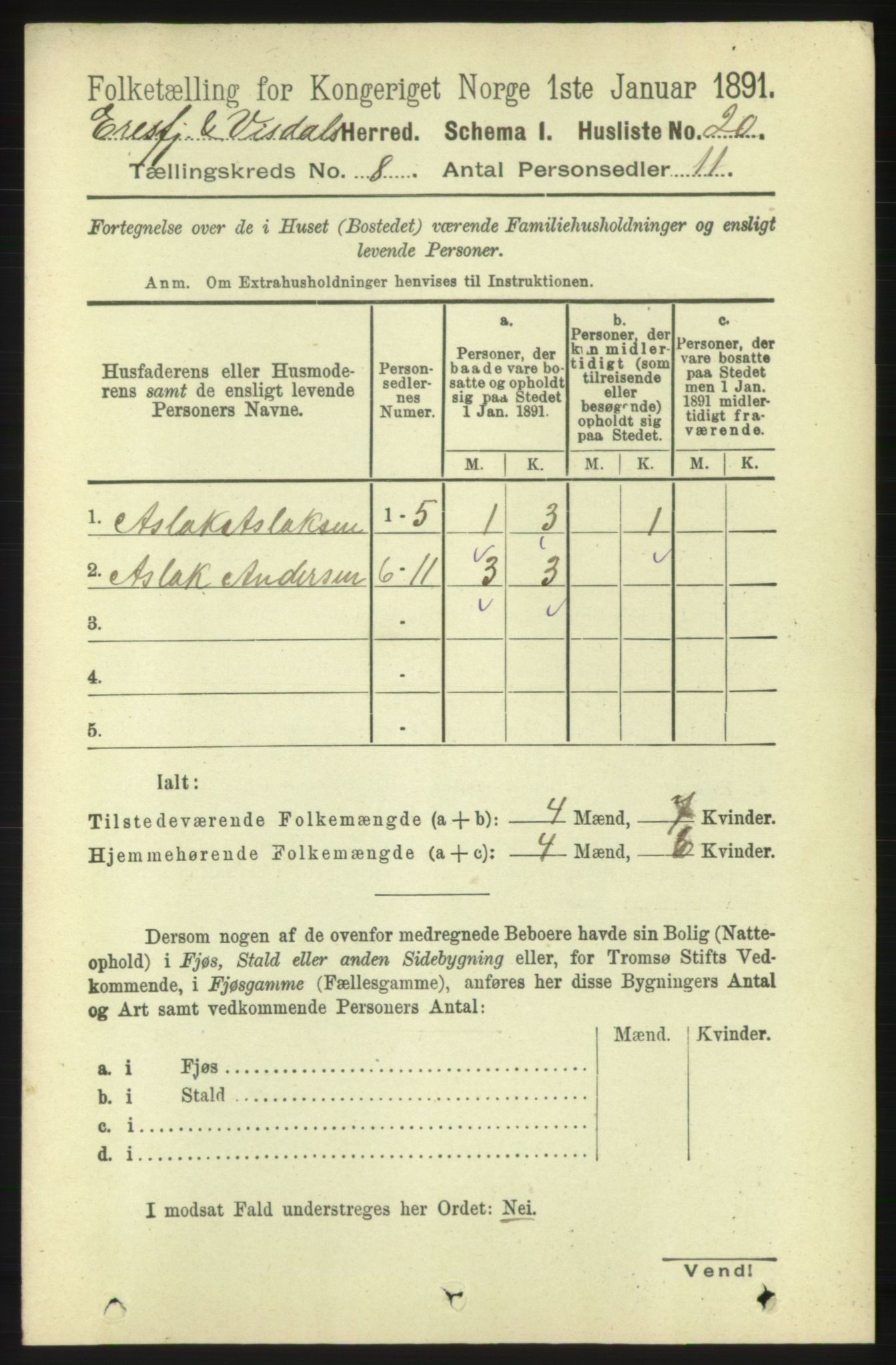 RA, 1891 census for 1542 Eresfjord og Vistdal, 1891, p. 2321