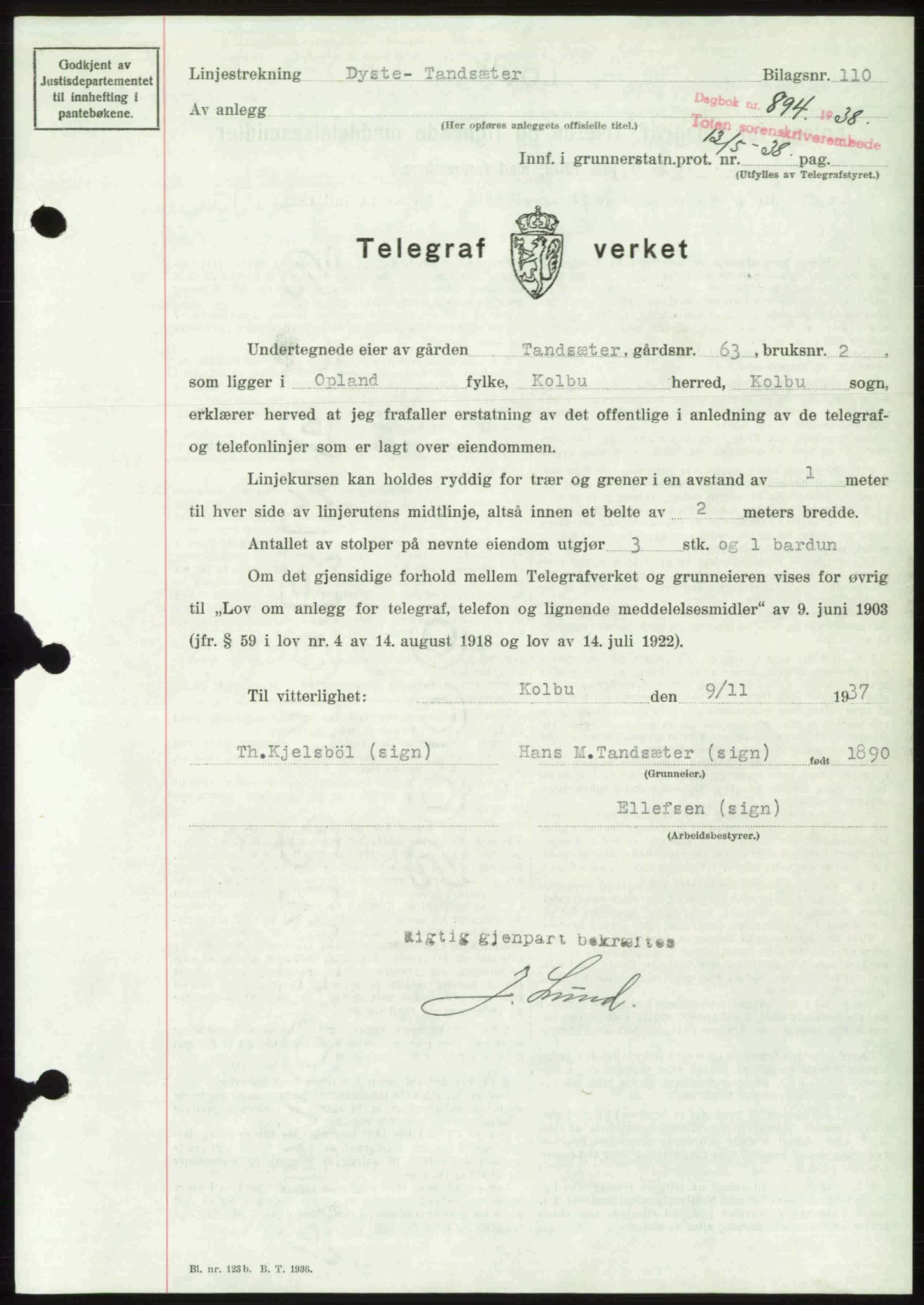Toten tingrett, SAH/TING-006/H/Hb/Hbc/L0004: Mortgage book no. Hbc-04, 1938-1938, Diary no: : 894/1938