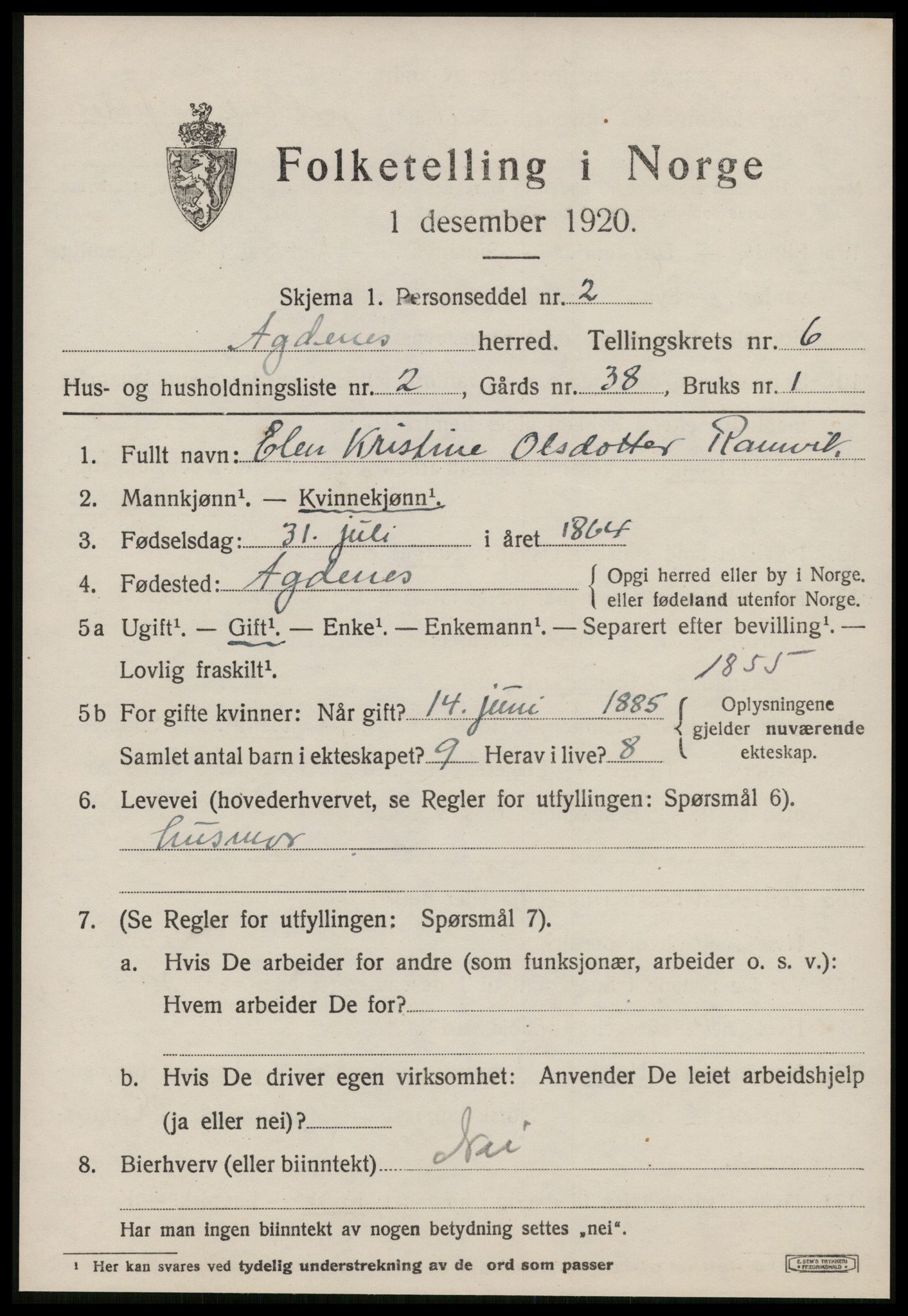 SAT, 1920 census for Agdenes, 1920, p. 2479