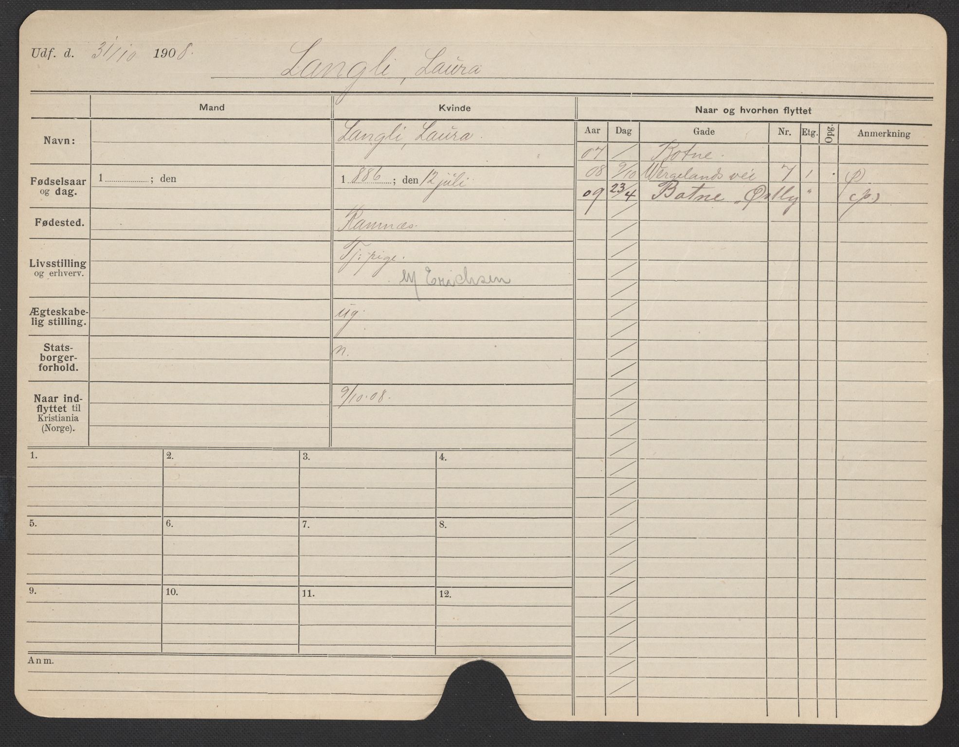 Oslo folkeregister, Registerkort, AV/SAO-A-11715/F/Fa/Fac/L0019: Kvinner, 1906-1914, p. 750a