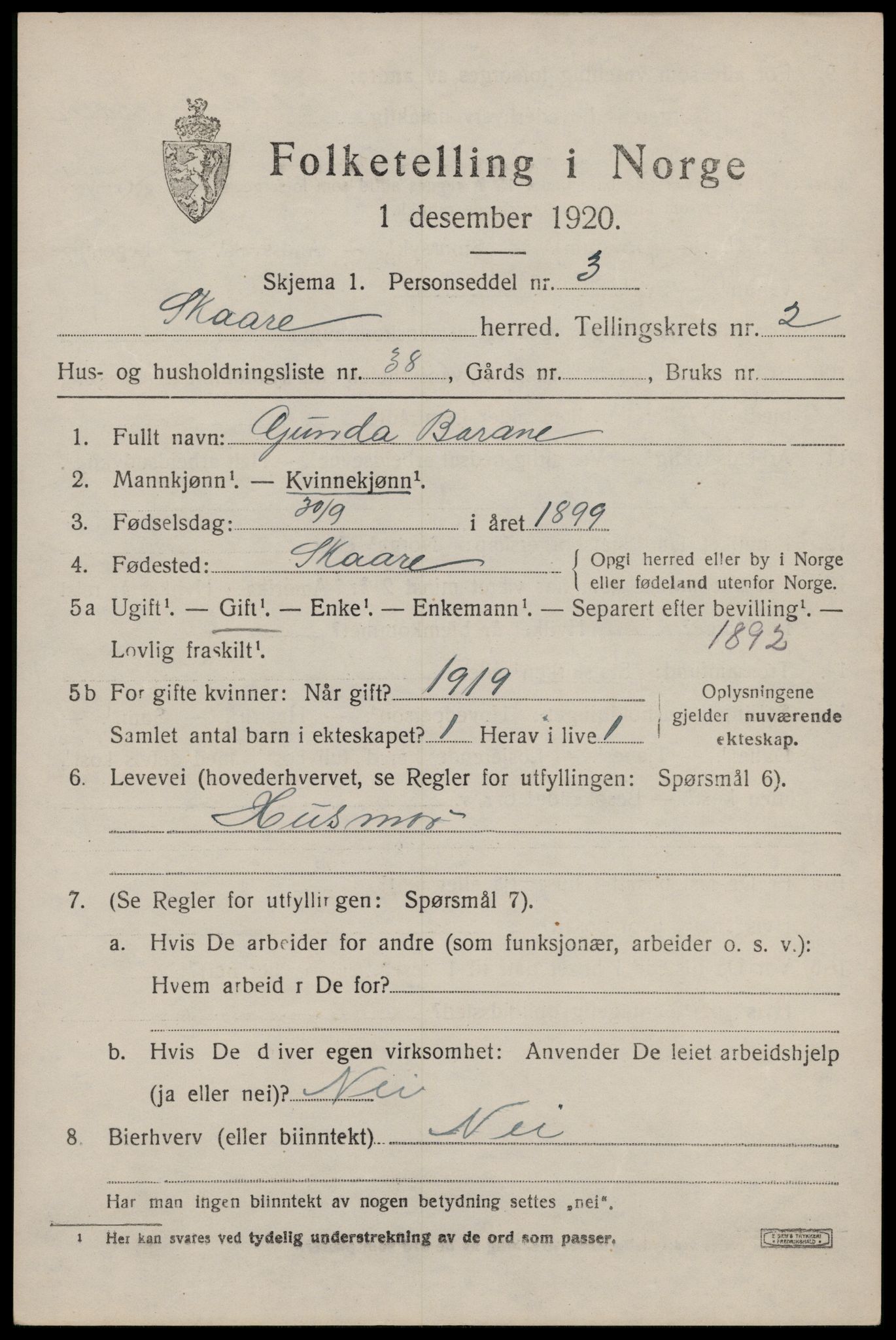 SAST, 1920 census for Skåre, 1920, p. 1622