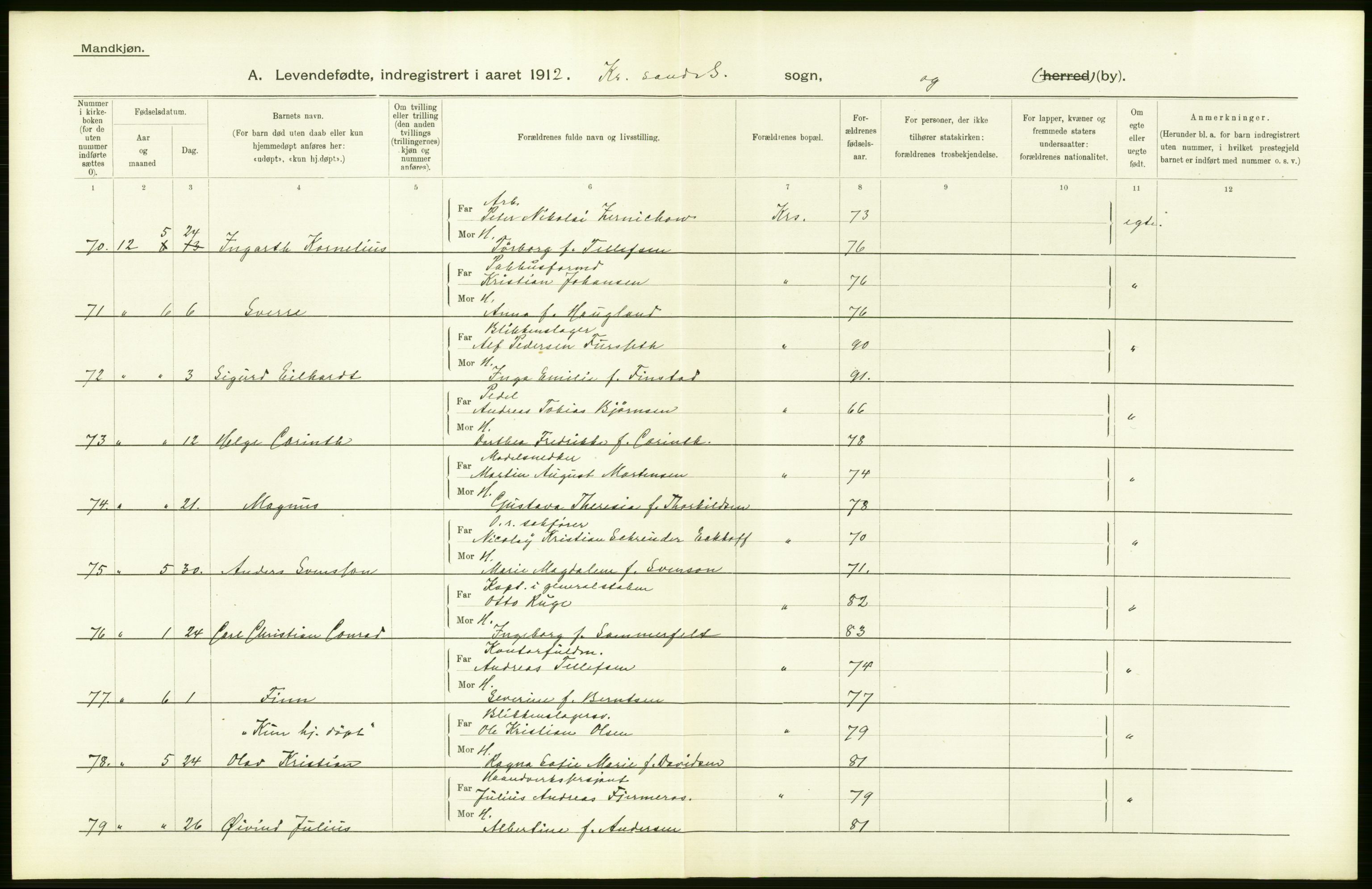 Statistisk sentralbyrå, Sosiodemografiske emner, Befolkning, AV/RA-S-2228/D/Df/Dfb/Dfbb/L0024: Lister og Mandals amt: Levendefødte menn og kvinner. Bygder og byer., 1912, p. 88