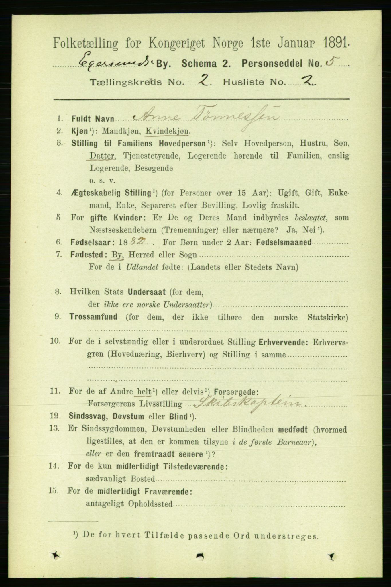 RA, 1891 census for 1101 Egersund, 1891, p. 238