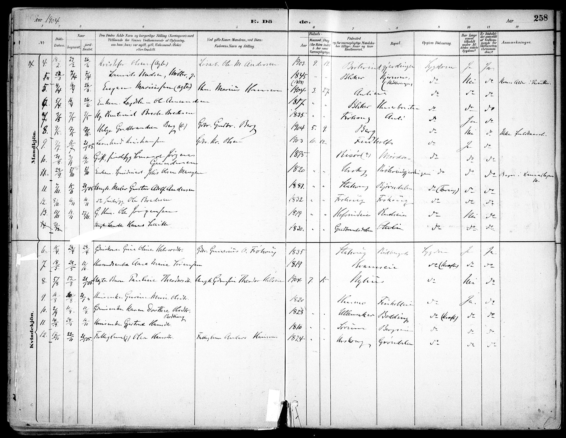 Nes prestekontor Kirkebøker, SAO/A-10410/F/Fc/L0002: Parish register (official) no. IIi 2, 1882-1916, p. 258