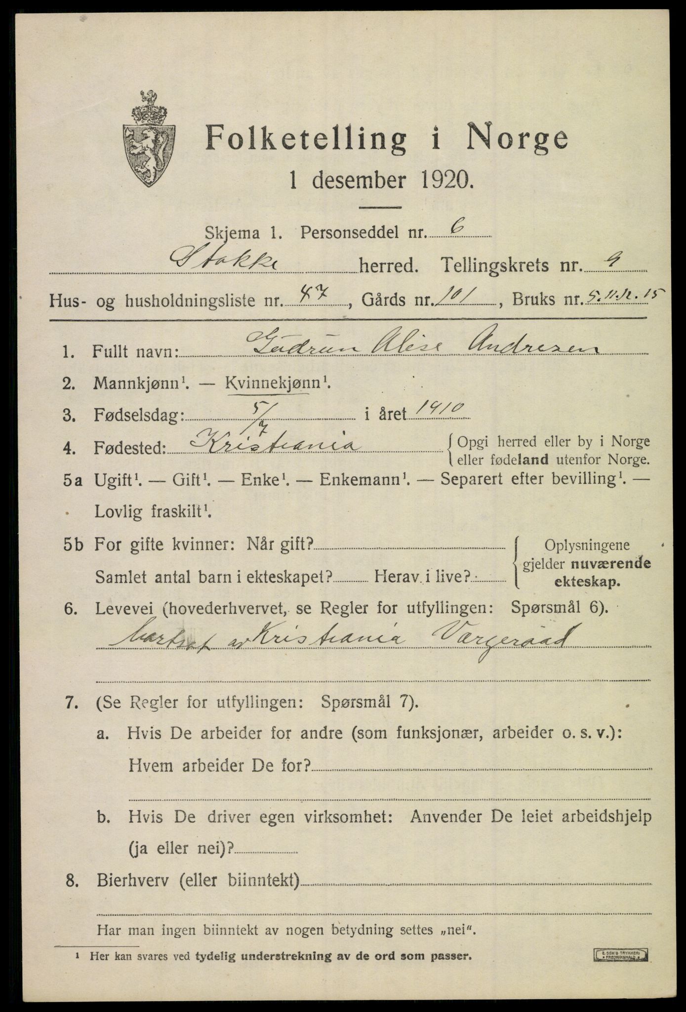 SAKO, 1920 census for Stokke, 1920, p. 10926