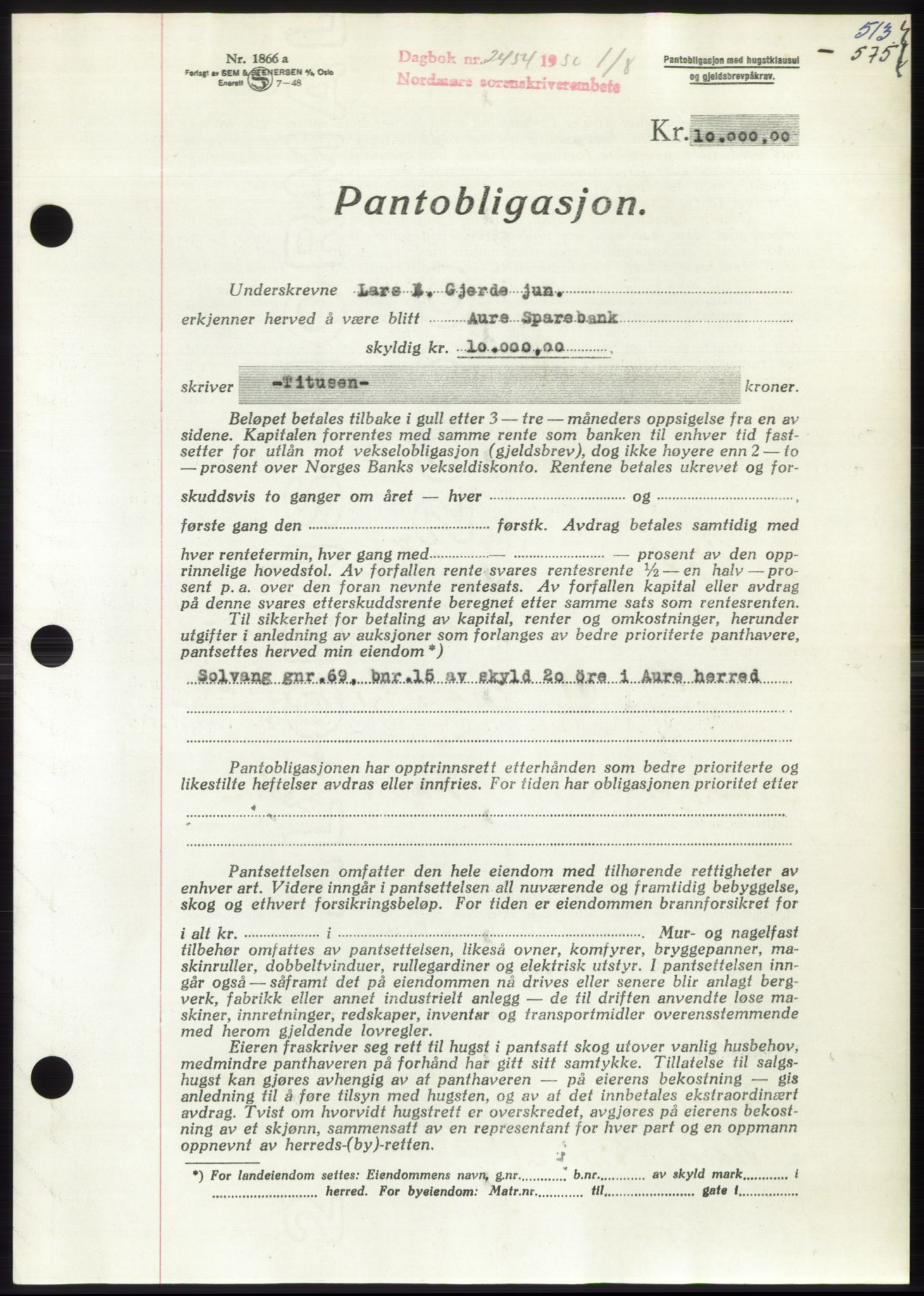 Nordmøre sorenskriveri, AV/SAT-A-4132/1/2/2Ca: Mortgage book no. B105, 1950-1950, Diary no: : 2454/1950