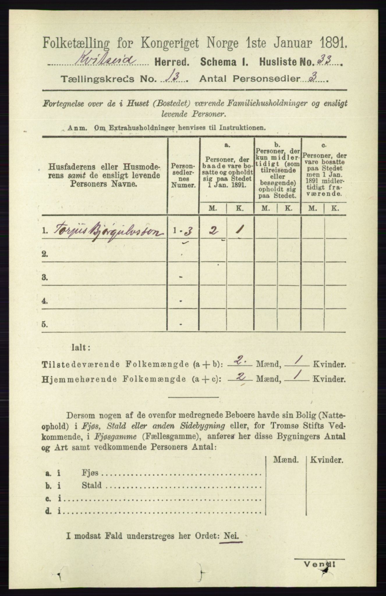 RA, 1891 census for 0829 Kviteseid, 1891, p. 3072