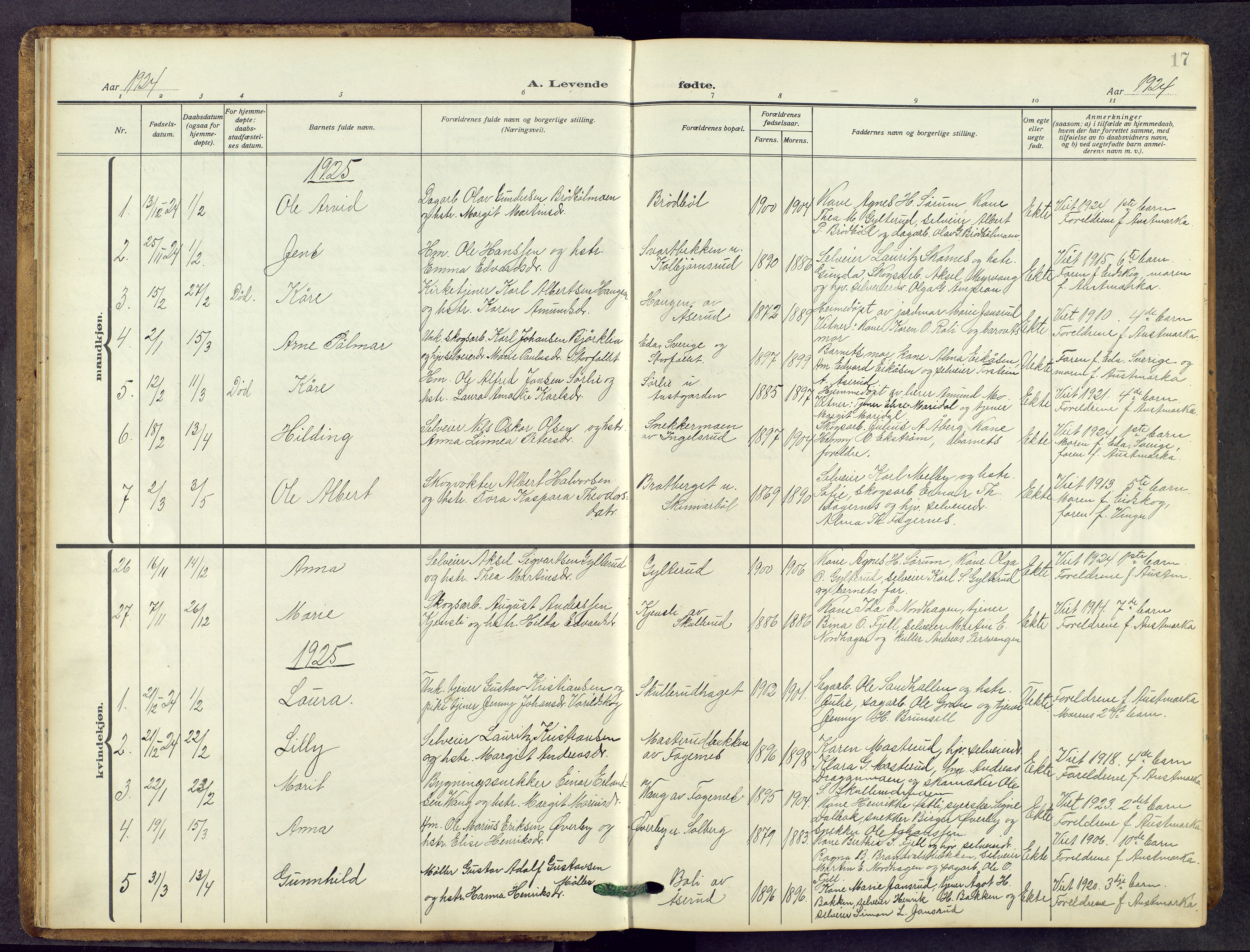 Vinger prestekontor, AV/SAH-PREST-024/H/Ha/Hab/L0006: Parish register (copy) no. 6, 1921-1973, p. 17