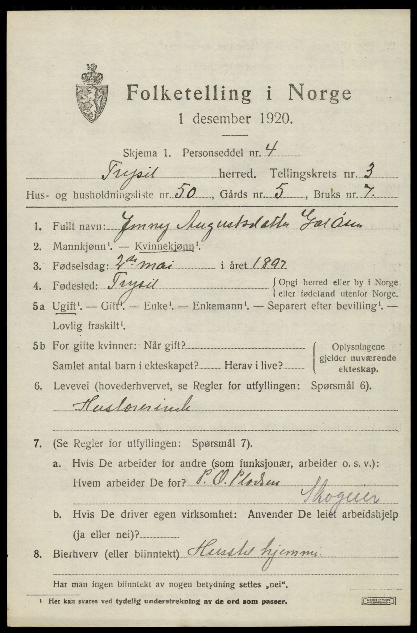 SAH, 1920 census for Trysil, 1920, p. 4071