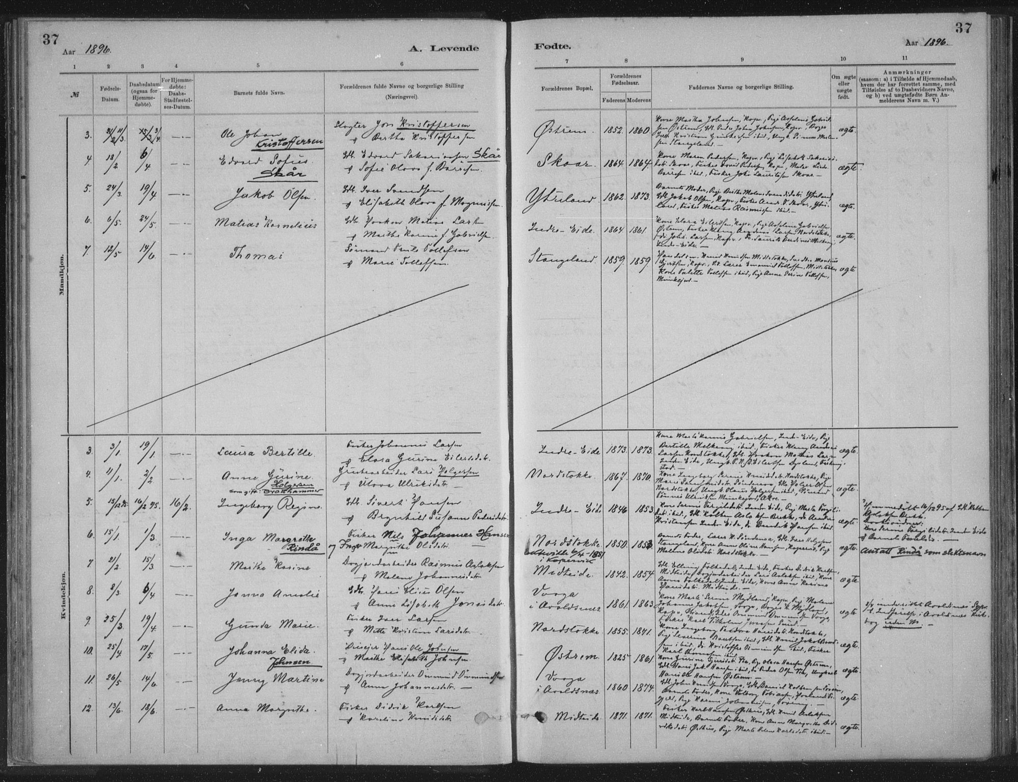 Kopervik sokneprestkontor, AV/SAST-A-101850/H/Ha/Haa/L0002: Parish register (official) no. A 2, 1880-1912, p. 37