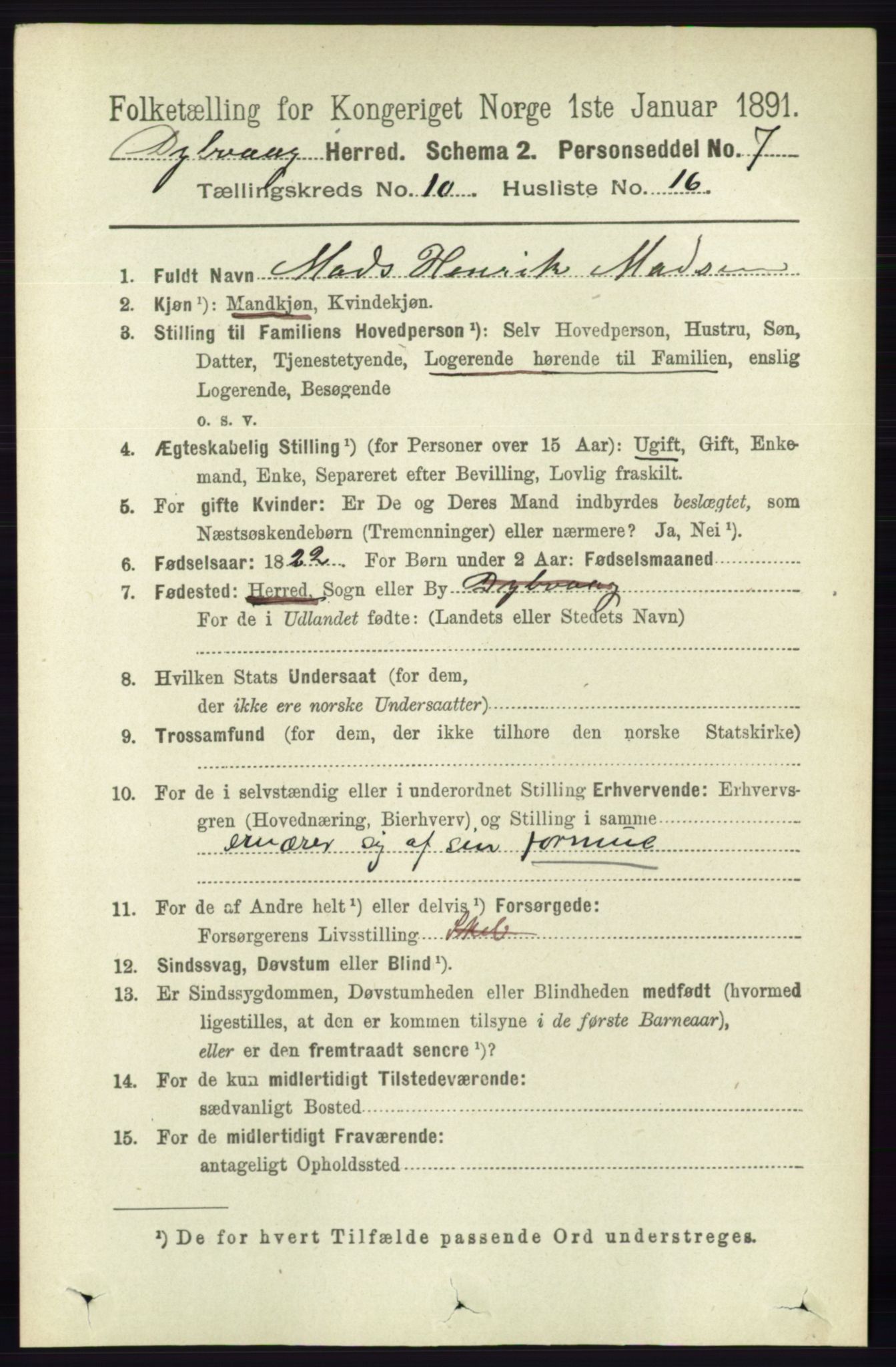 RA, 1891 census for 0915 Dypvåg, 1891, p. 3803