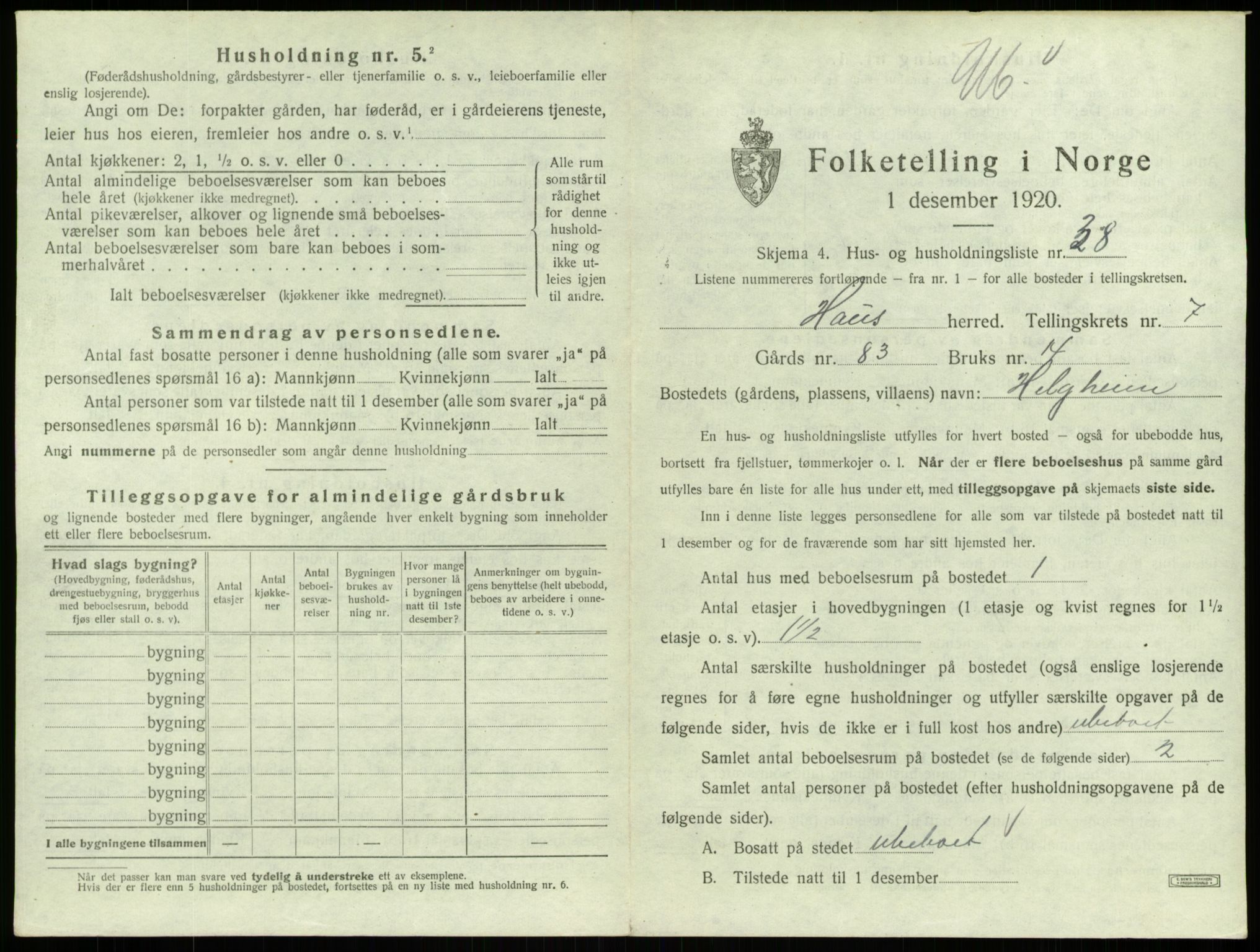 SAB, 1920 census for Haus, 1920, p. 495