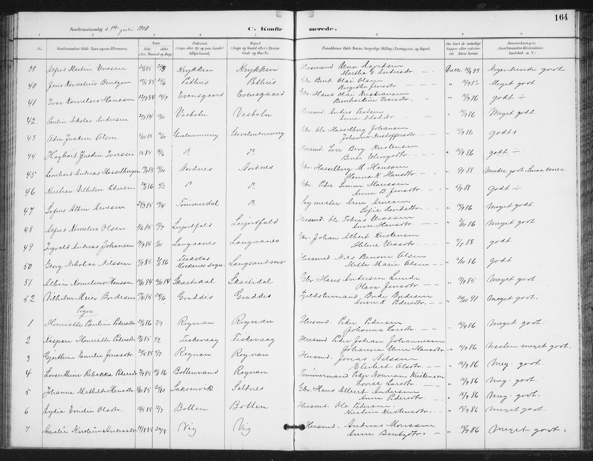 Ministerialprotokoller, klokkerbøker og fødselsregistre - Nordland, AV/SAT-A-1459/847/L0682: Parish register (copy) no. 847C10, 1889-1907, p. 164