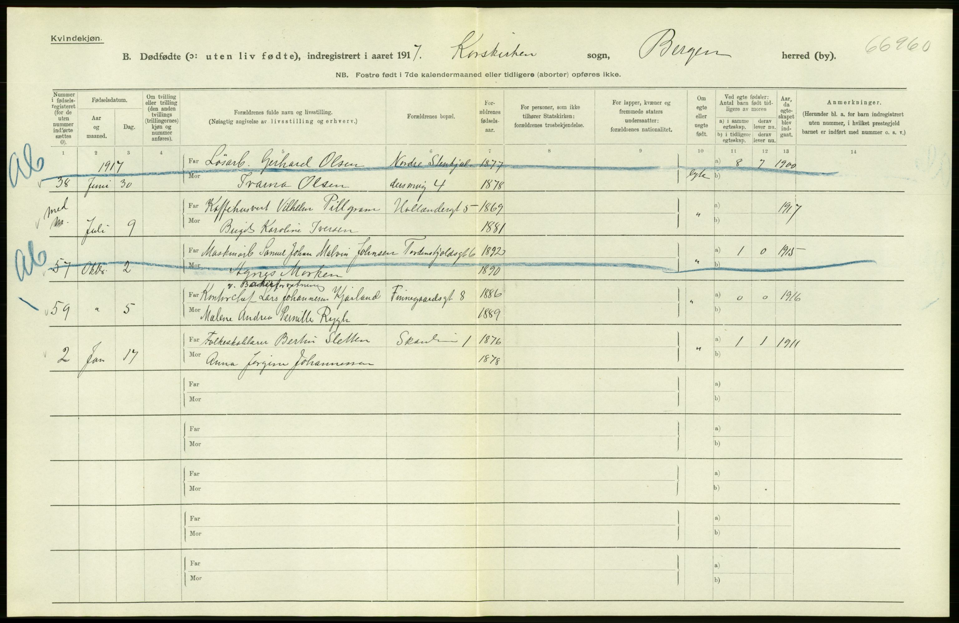 Statistisk sentralbyrå, Sosiodemografiske emner, Befolkning, AV/RA-S-2228/D/Df/Dfb/Dfbg/L0038: Bergen: Gifte, døde, dødfødte., 1917, p. 332