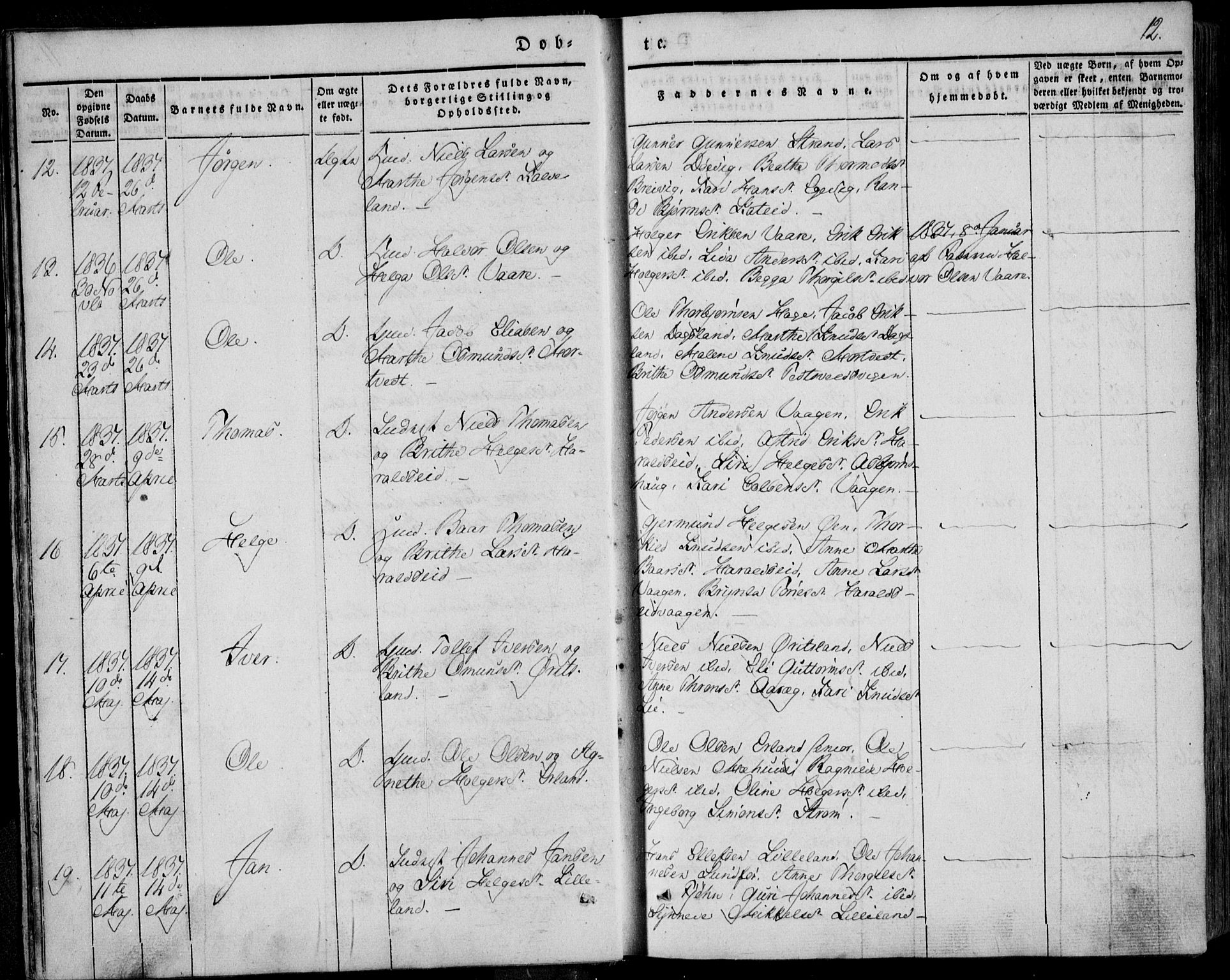 Skjold sokneprestkontor, AV/SAST-A-101847/H/Ha/Haa/L0006: Parish register (official) no. A 6.1, 1835-1858, p. 12