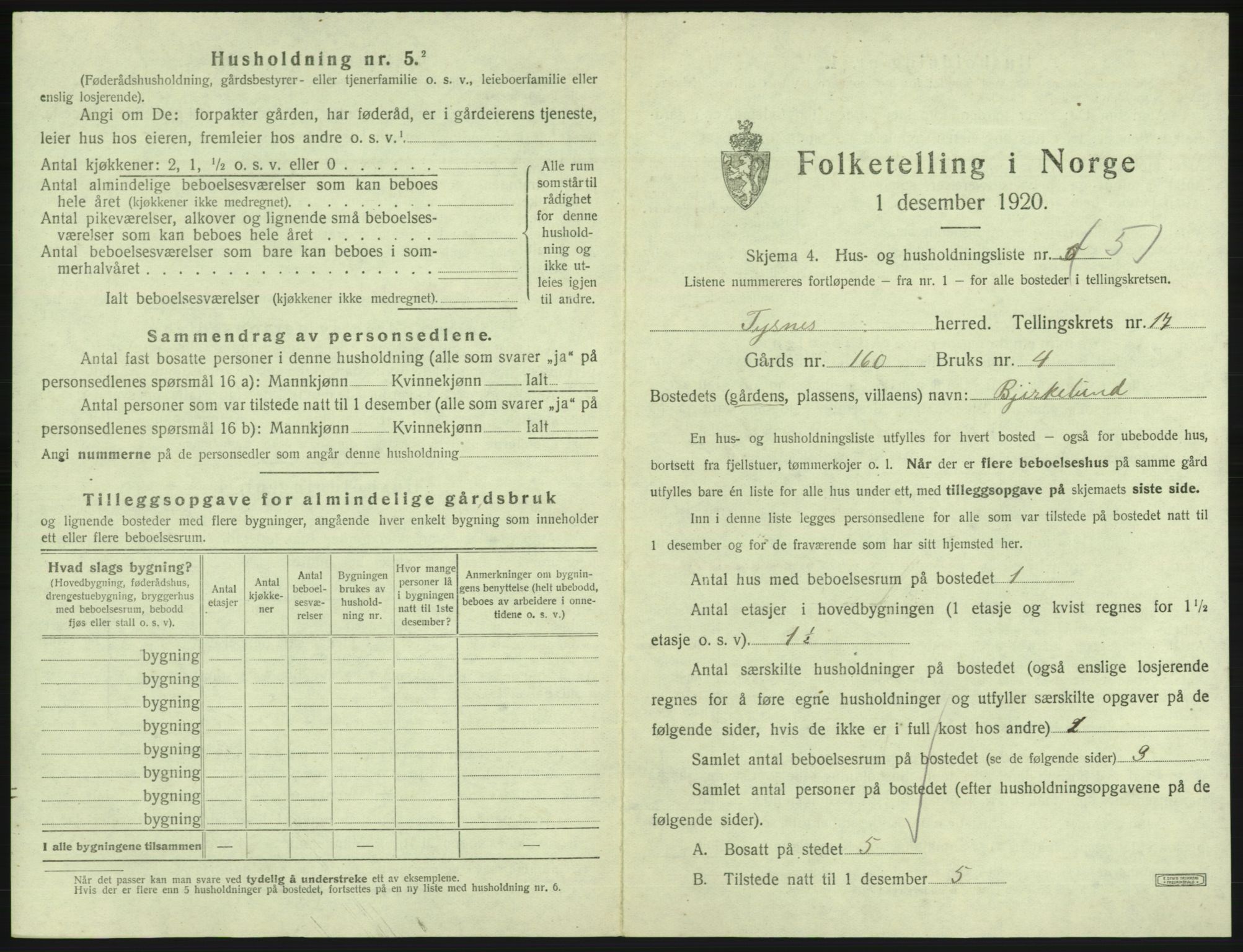 SAB, 1920 census for Tysnes, 1920, p. 1606