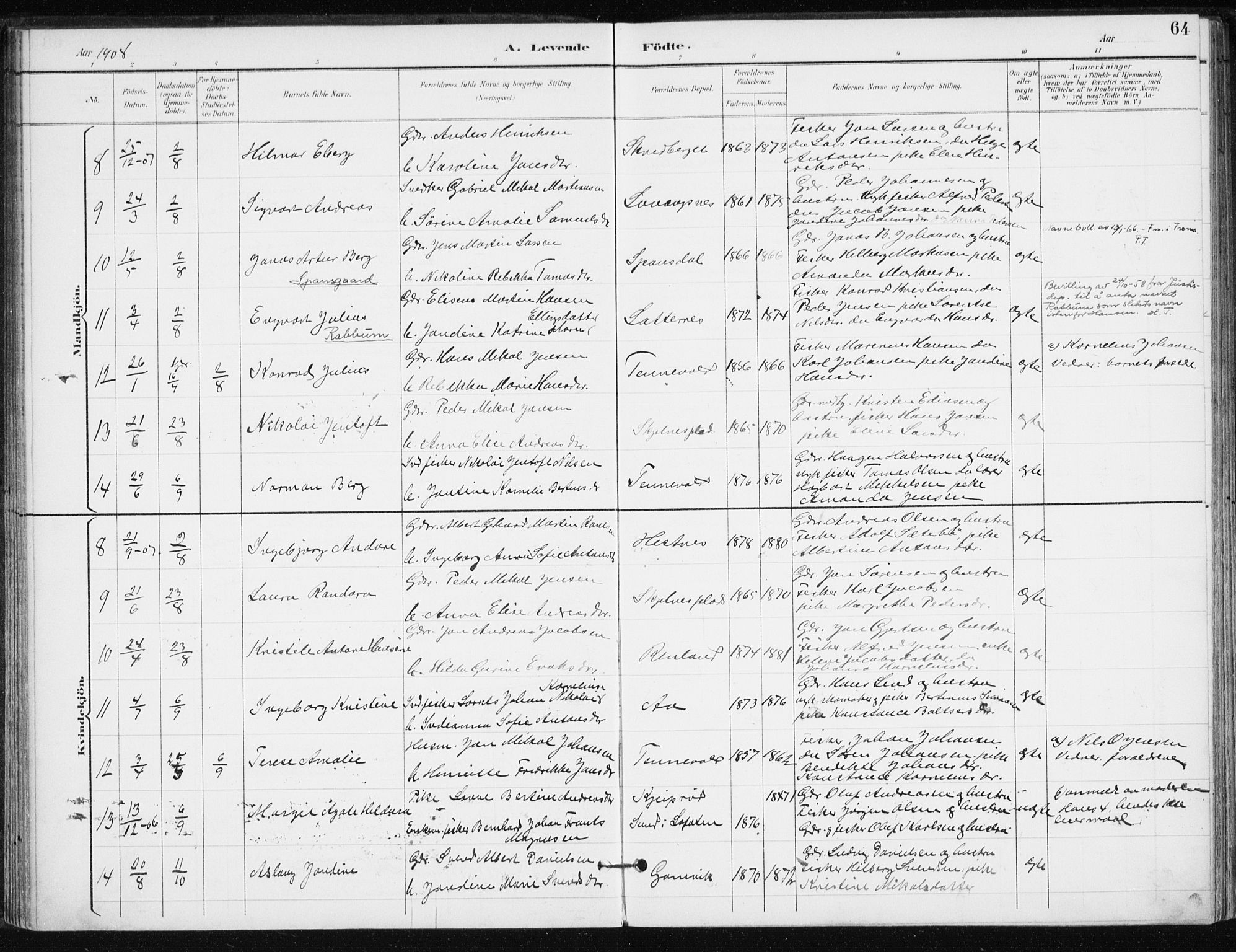 Salangen sokneprestembete, SATØ/S-1324/H/Ha/L0001kirke: Parish register (official) no. 1, 1893-1911, p. 64