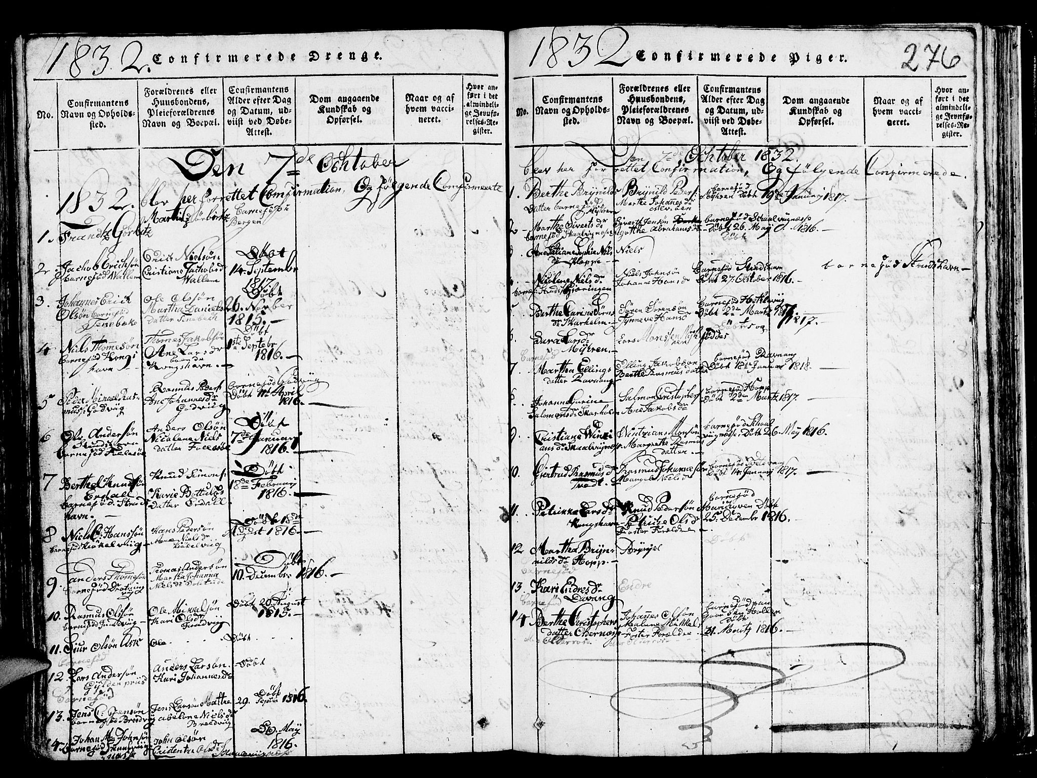 Askøy Sokneprestembete, AV/SAB-A-74101/H/Ha/Hab/Haba/L0002: Parish register (copy) no. A 2, 1815-1846, p. 276