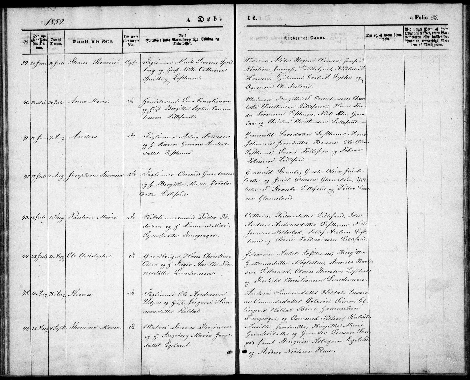 Vestre Moland sokneprestkontor, AV/SAK-1111-0046/F/Fb/Fbb/L0003: Parish register (copy) no. B 3, 1851-1861, p. 86