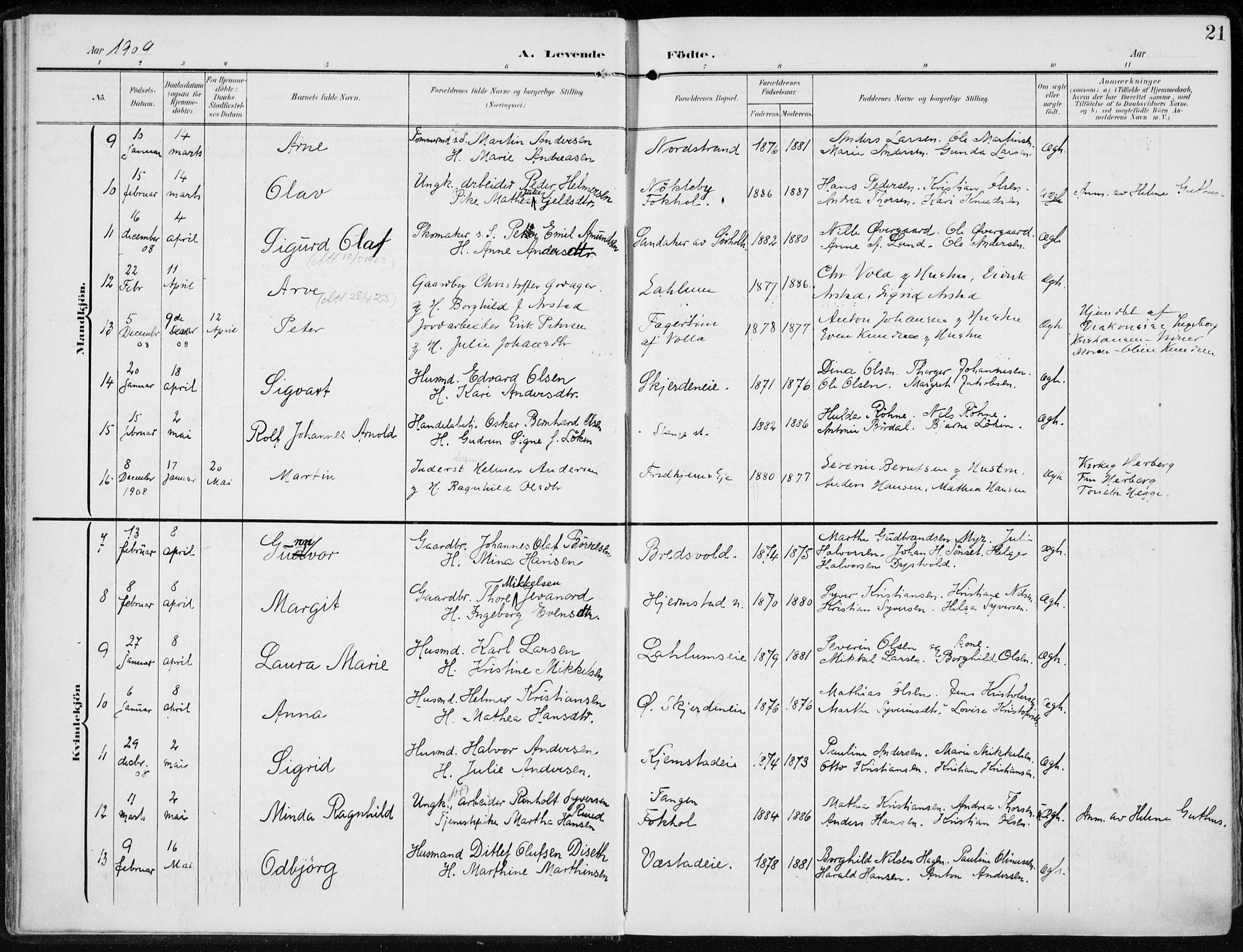 Stange prestekontor, AV/SAH-PREST-002/K/L0024: Parish register (official) no. 24, 1906-1922, p. 21