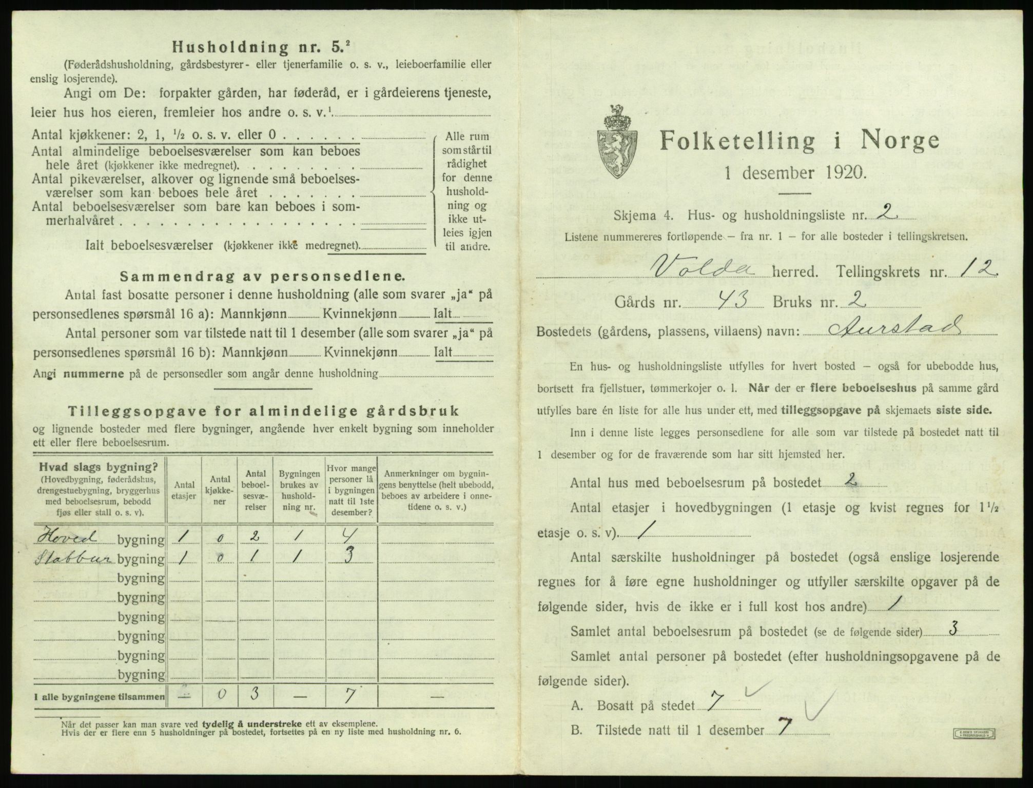 SAT, 1920 census for Volda, 1920, p. 1040