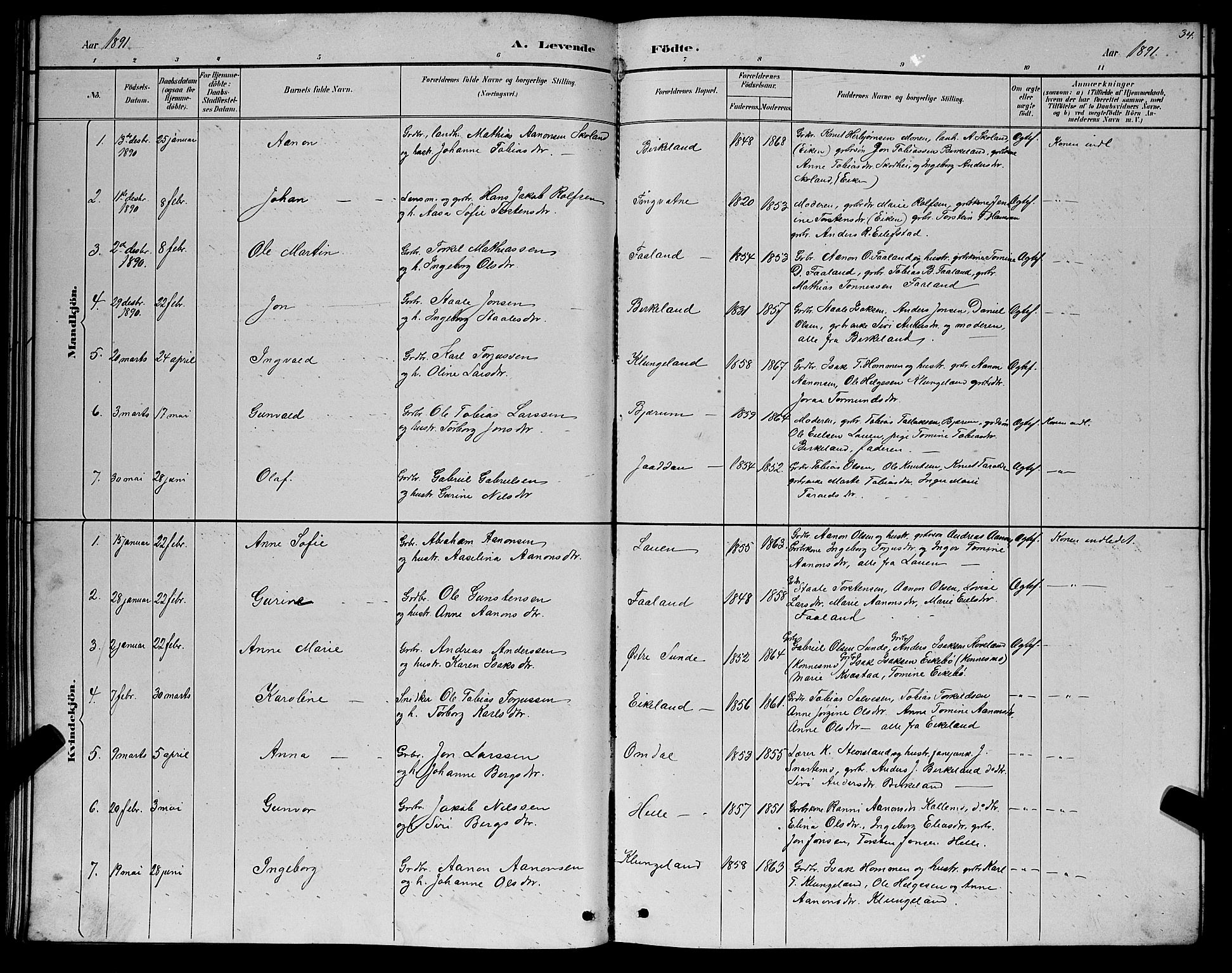 Hægebostad sokneprestkontor, AV/SAK-1111-0024/F/Fb/Fba/L0003: Parish register (copy) no. B 3, 1883-1896, p. 34