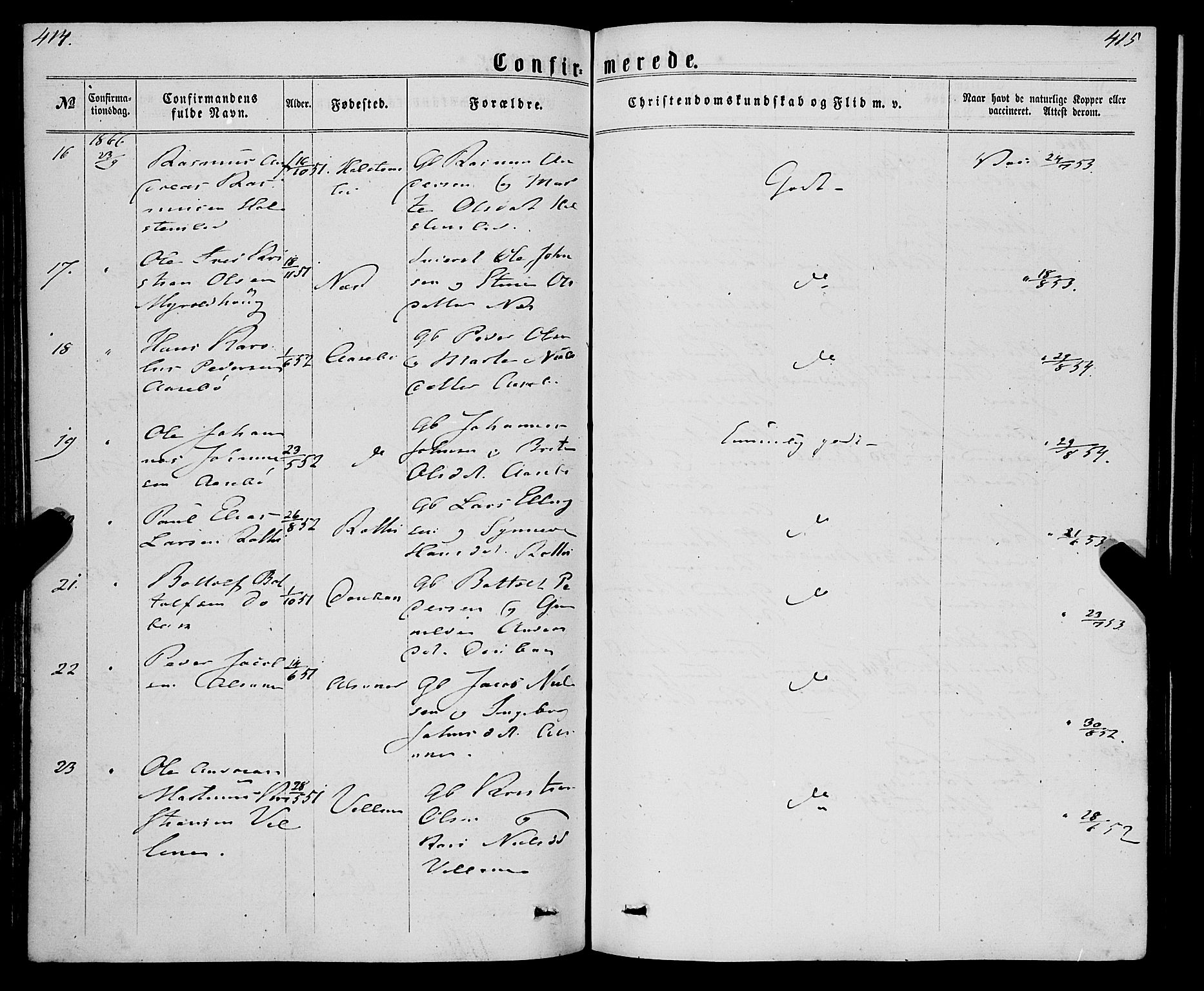 Eid sokneprestembete, SAB/A-82301/H/Haa/Haaa/L0009: Parish register (official) no. A 9, 1861-1868, p. 414-415