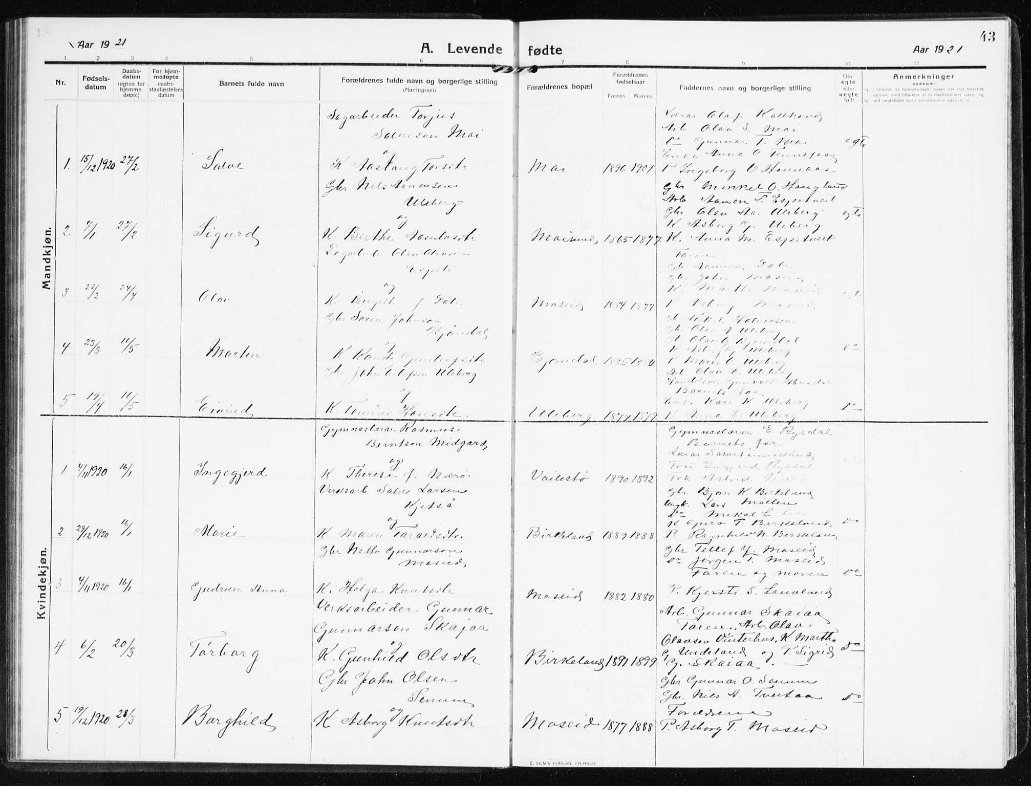 Evje sokneprestkontor, SAK/1111-0008/F/Fb/Fbb/L0003: Parish register (copy) no. B 3, 1910-1933, p. 43