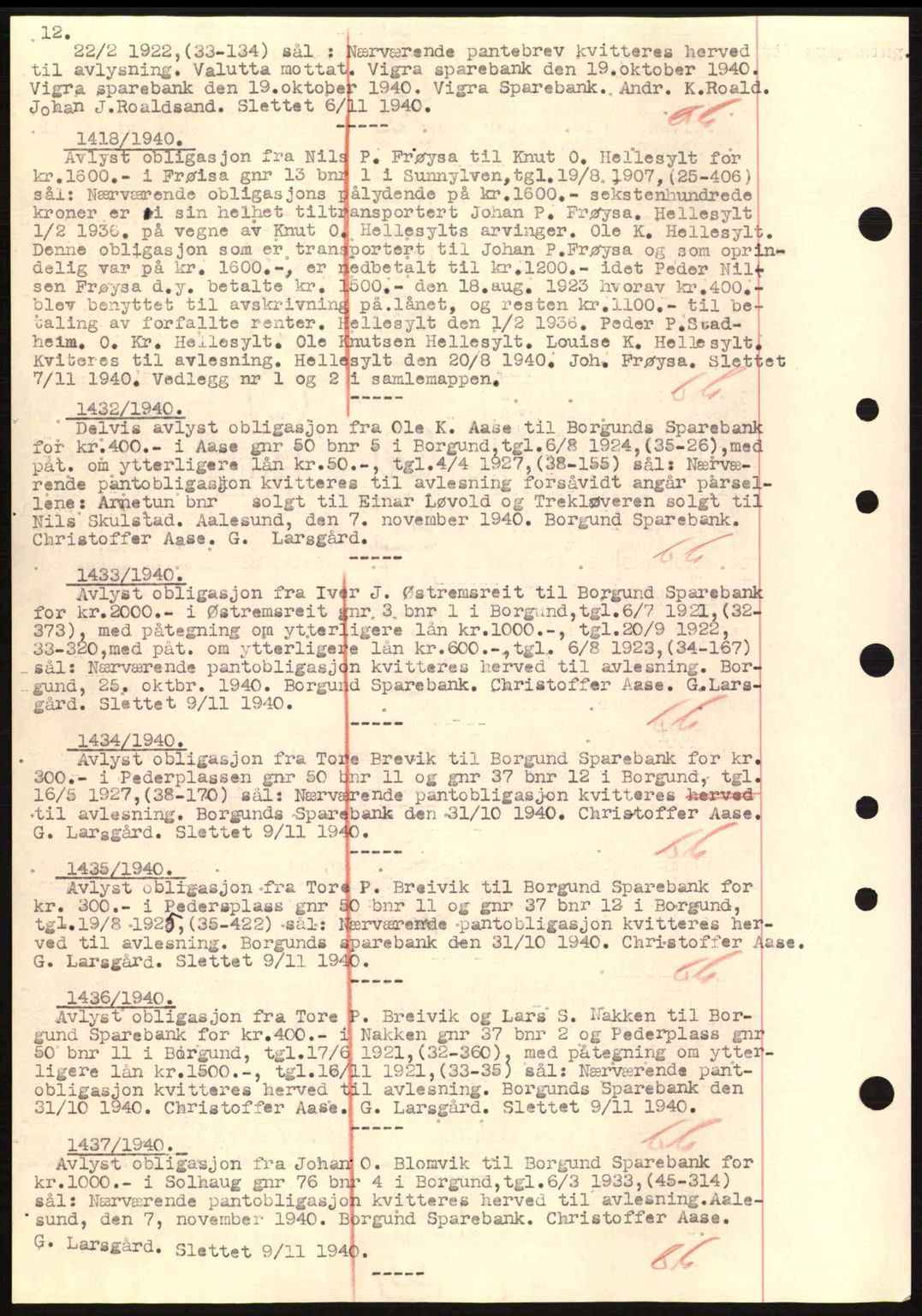 Nordre Sunnmøre sorenskriveri, SAT/A-0006/1/2/2C/2Ca: Mortgage book no. B1-6, 1938-1942, Diary no: : 1418/1940