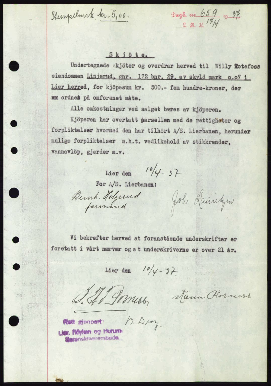 Lier, Røyken og Hurum sorenskriveri, SAKO/A-89/G/Ga/Gab/L0056: Mortgage book no. 56, 1937-1937, Diary no: : 659/1937