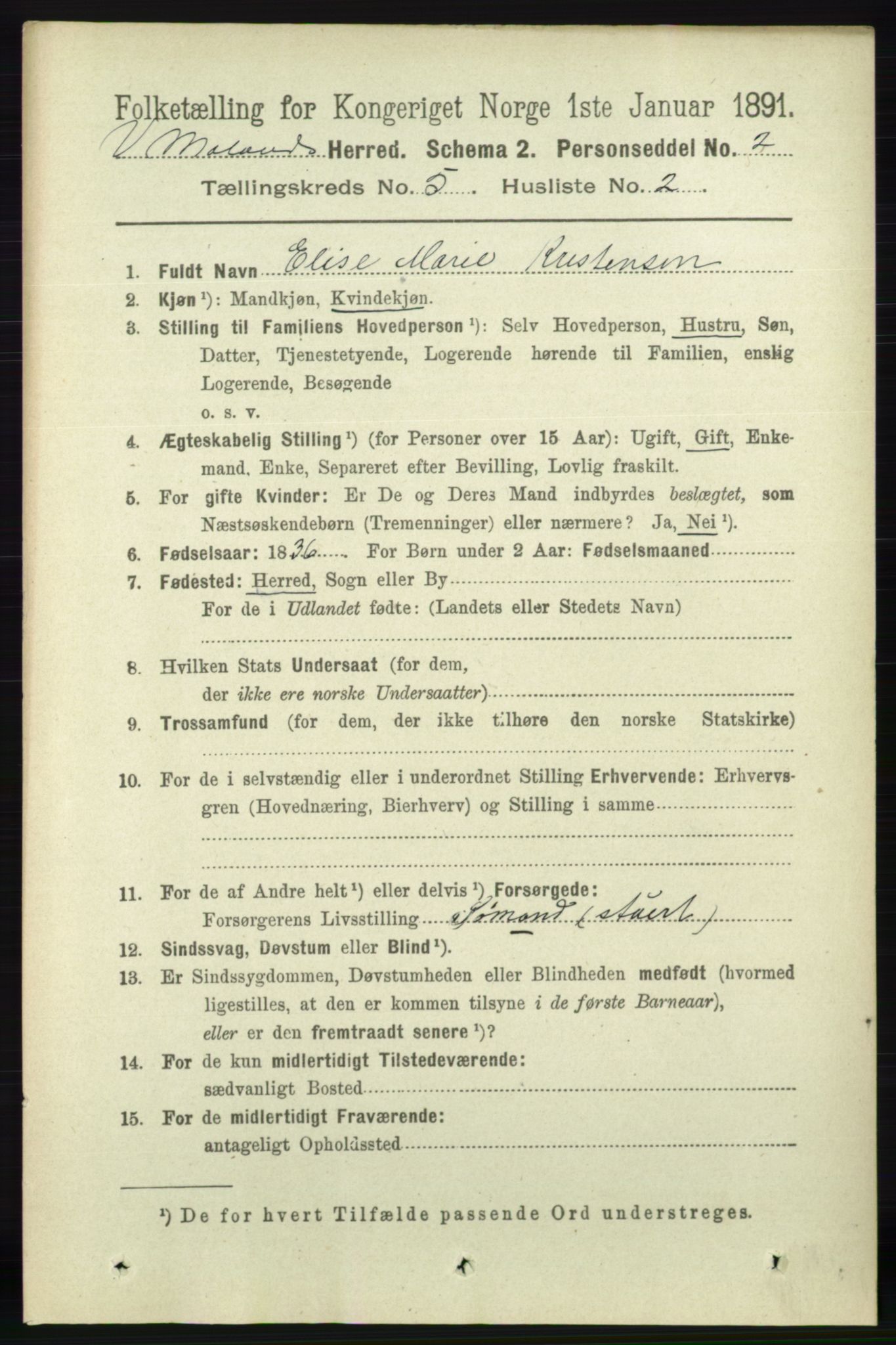 RA, 1891 census for 0926 Vestre Moland, 1891, p. 1848