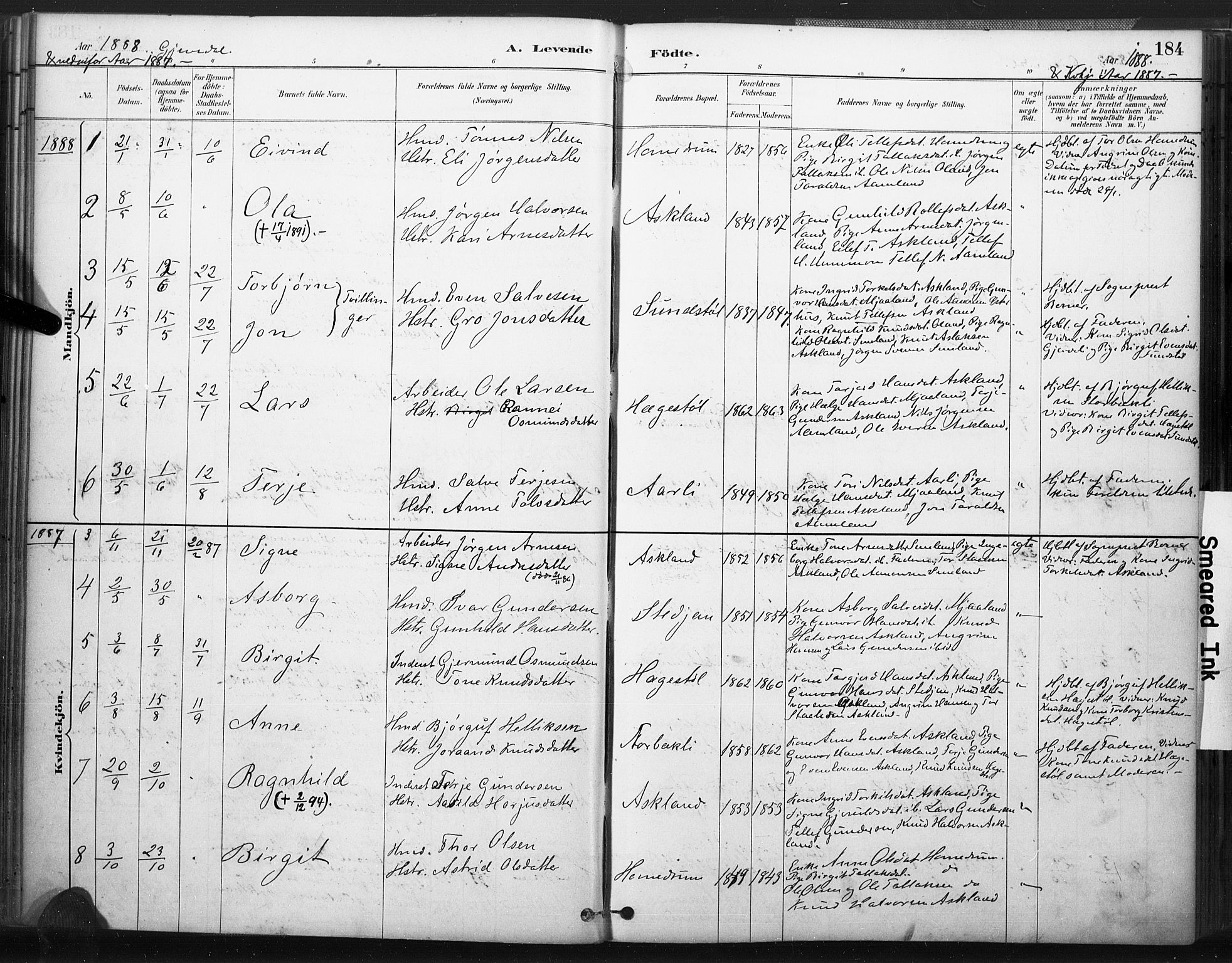 Åmli sokneprestkontor, SAK/1111-0050/F/Fa/Fac/L0010: Parish register (official) no. A 10 /2, 1885-1899, p. 184