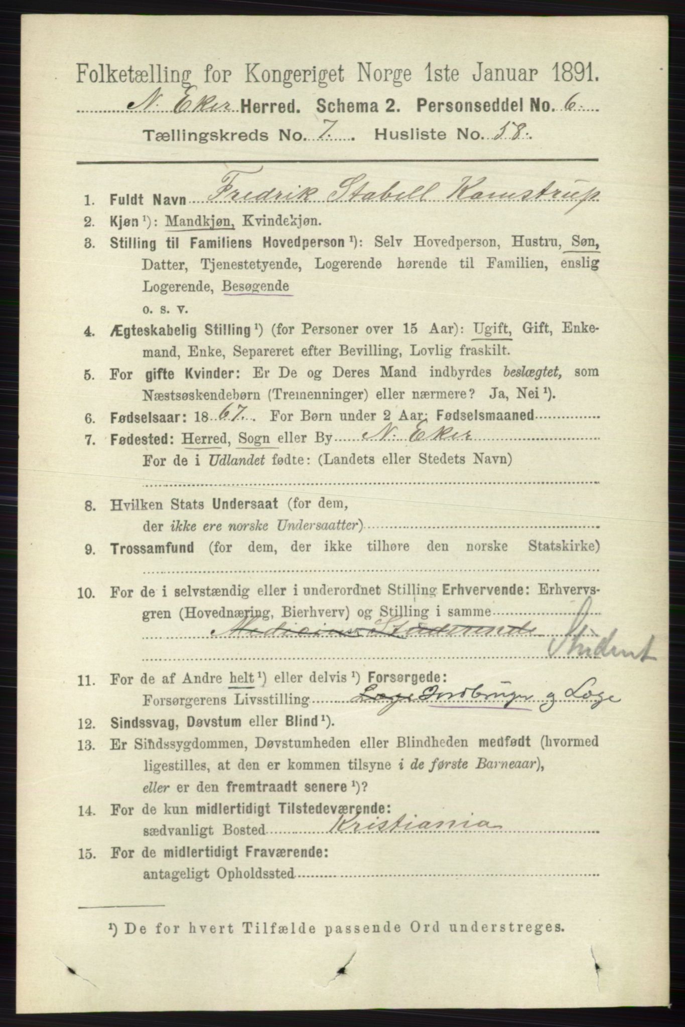 RA, 1891 census for 0625 Nedre Eiker, 1891, p. 3821