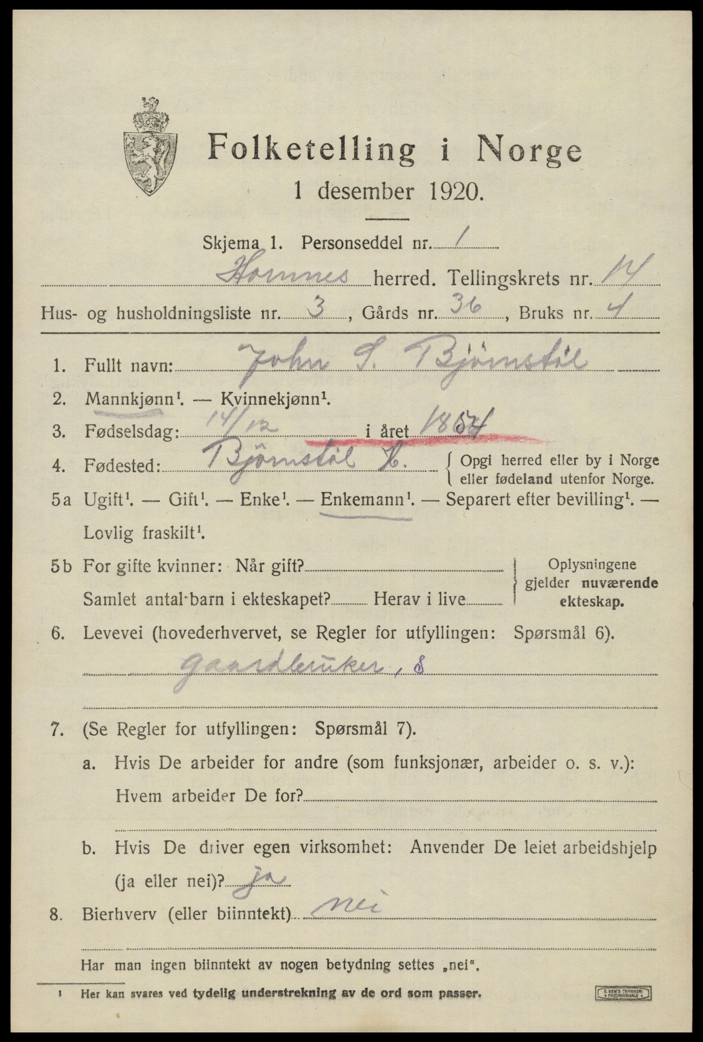 SAK, 1920 census for Hornnes, 1920, p. 3267
