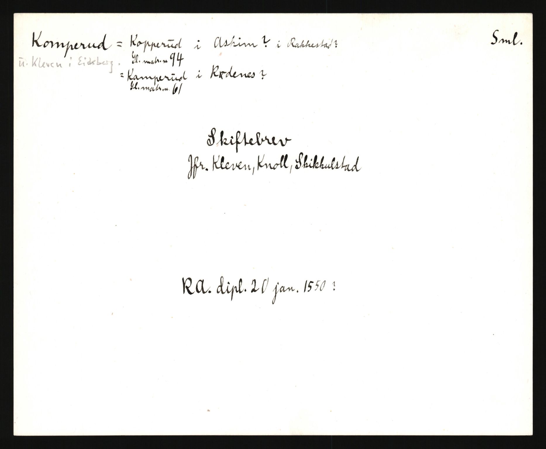 Riksarkivets diplomsamling, AV/RA-EA-5965/F35/F35e/L0001: Registreringssedler Østfold 1, 1300-1900, p. 33