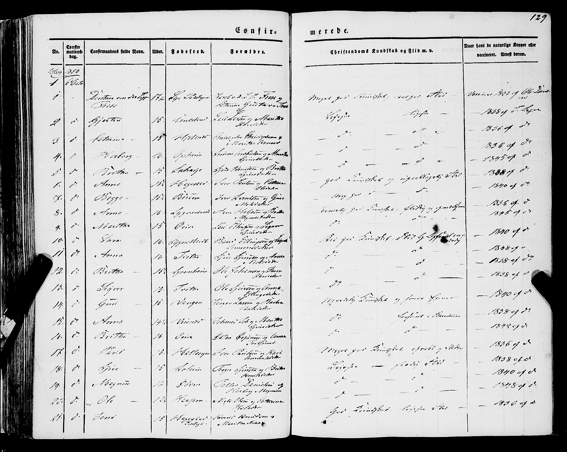 Ulvik sokneprestembete, SAB/A-78801/H/Haa: Parish register (official) no. A 12, 1839-1853, p. 129