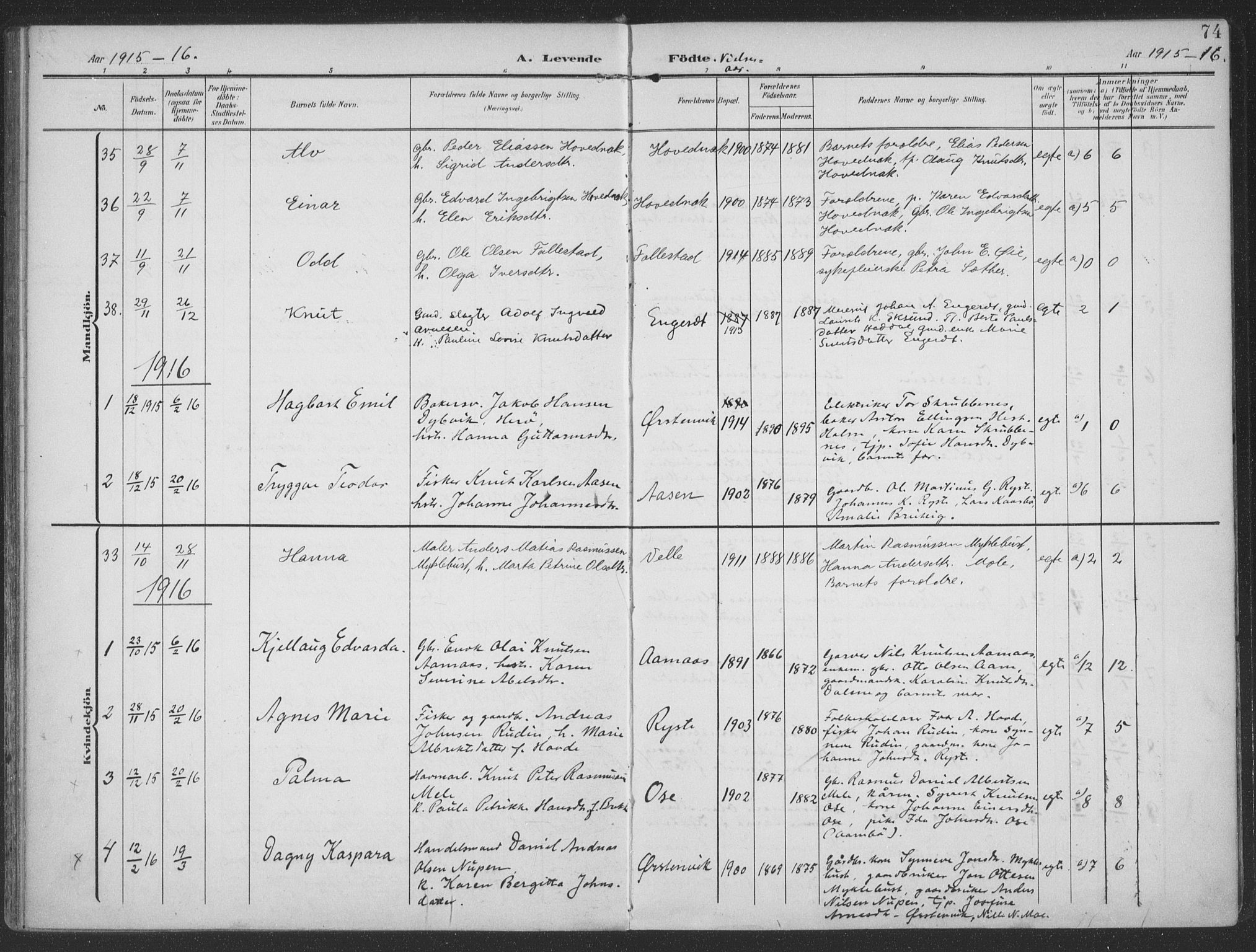 Ministerialprotokoller, klokkerbøker og fødselsregistre - Møre og Romsdal, SAT/A-1454/513/L0178: Parish register (official) no. 513A05, 1906-1919, p. 74