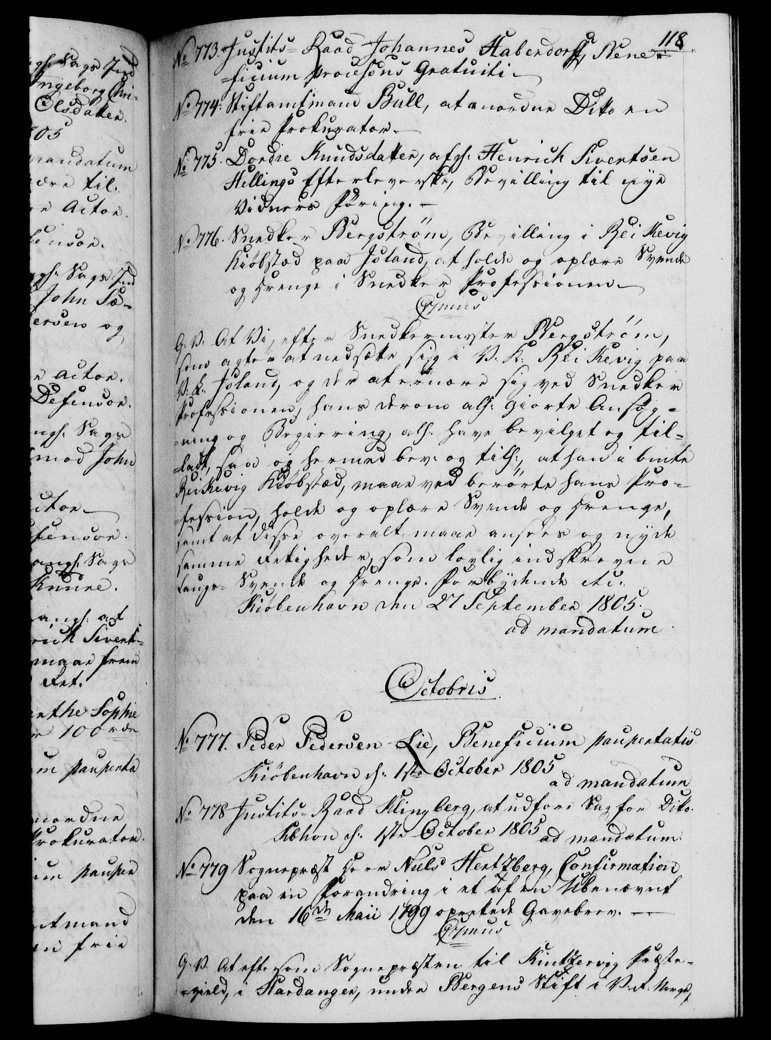 Danske Kanselli 1800-1814, RA/EA-3024/H/Hf/Hfb/Hfba/L0003: Registranter, 1805-1807, p. 118a