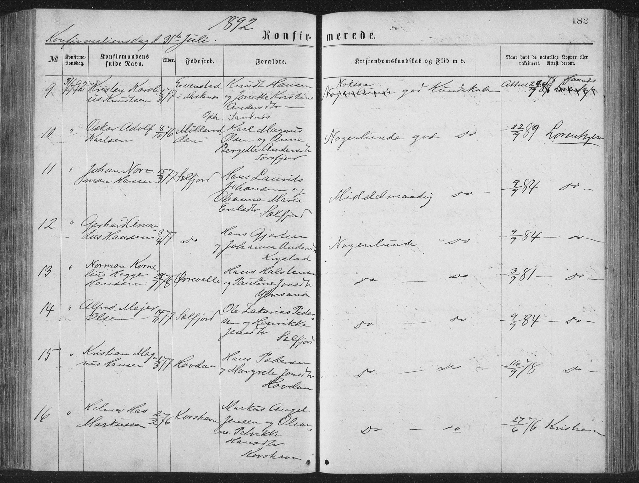 Ministerialprotokoller, klokkerbøker og fødselsregistre - Nordland, AV/SAT-A-1459/885/L1213: Parish register (copy) no. 885C02, 1874-1892, p. 182