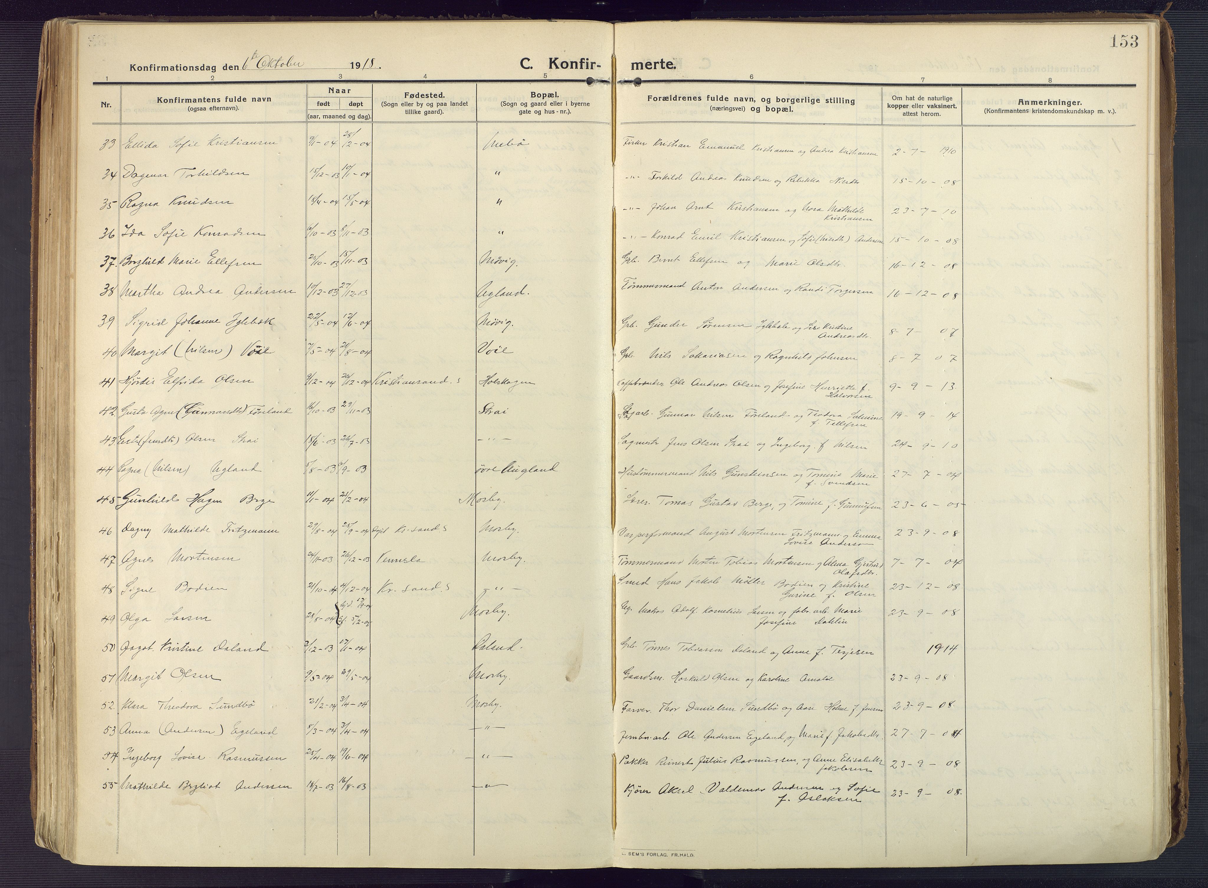 Oddernes sokneprestkontor, AV/SAK-1111-0033/F/Fa/Faa/L0012: Parish register (official) no. A 12, 1912-1925, p. 153