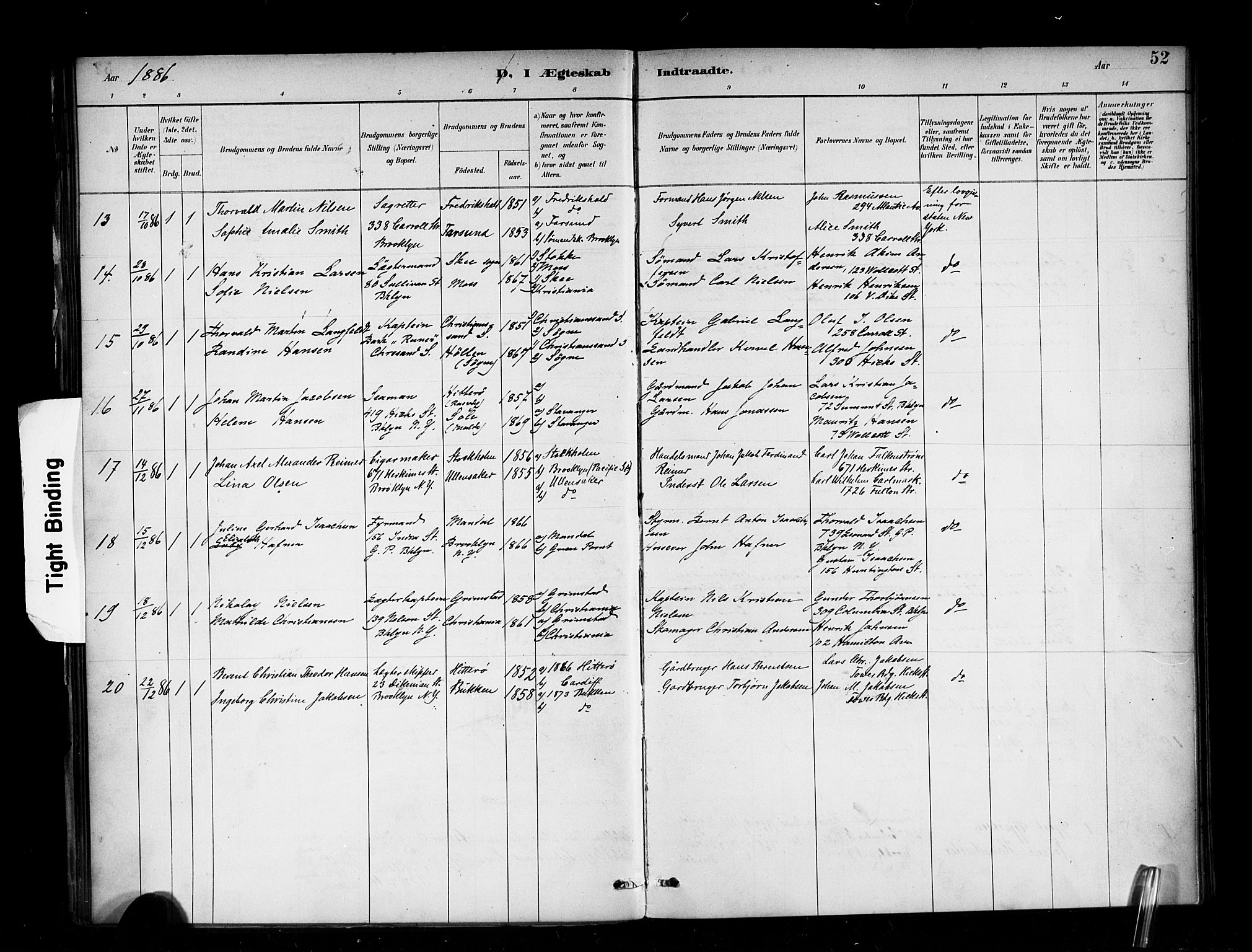 Den norske sjømannsmisjon i utlandet/New York, AV/SAB-SAB/PA-0110/H/Ha/L0002: Parish register (official) no. A 2, 1886-1888, p. 52