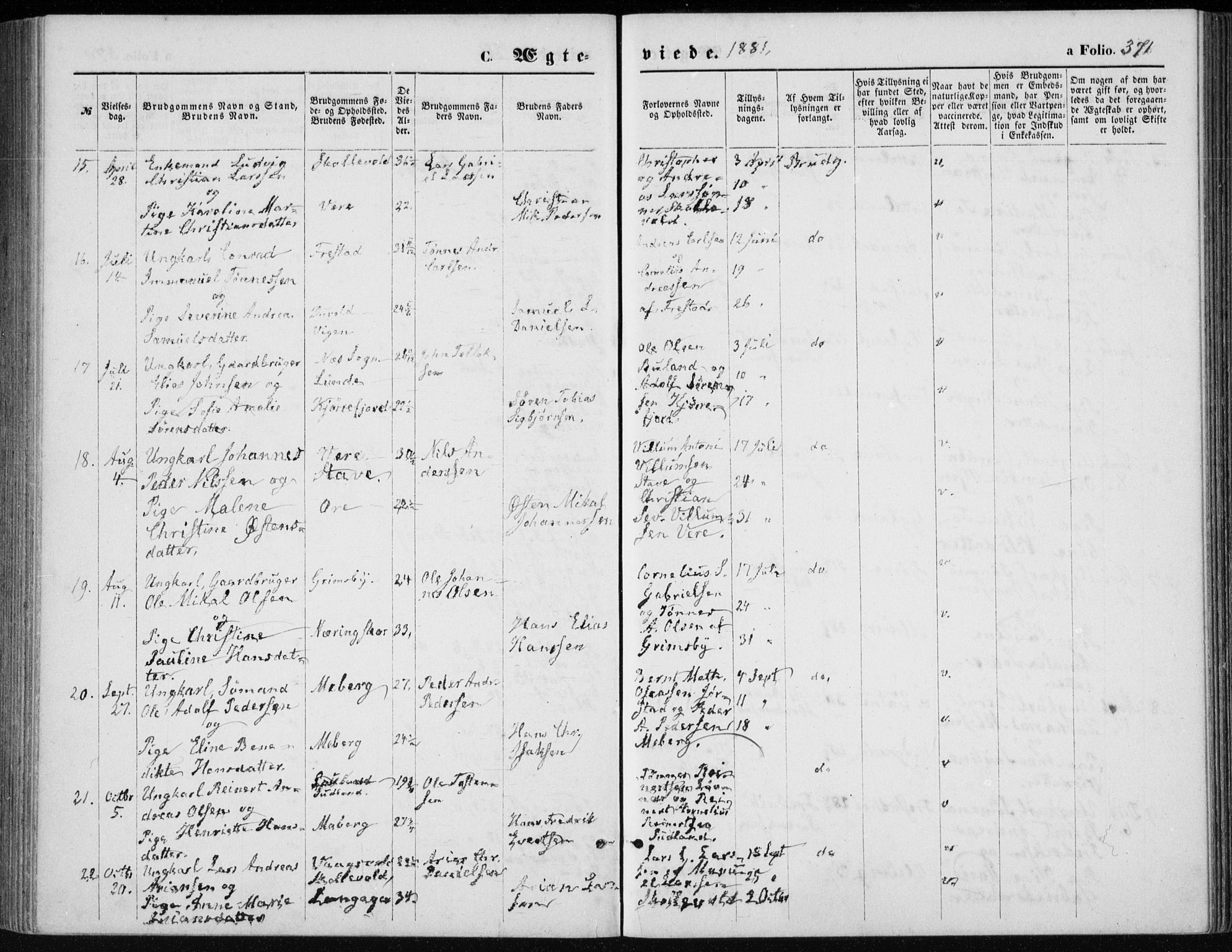 Lista sokneprestkontor, AV/SAK-1111-0027/F/Fb/L0004: Parish register (copy) no. B 4, 1877-1891, p. 371