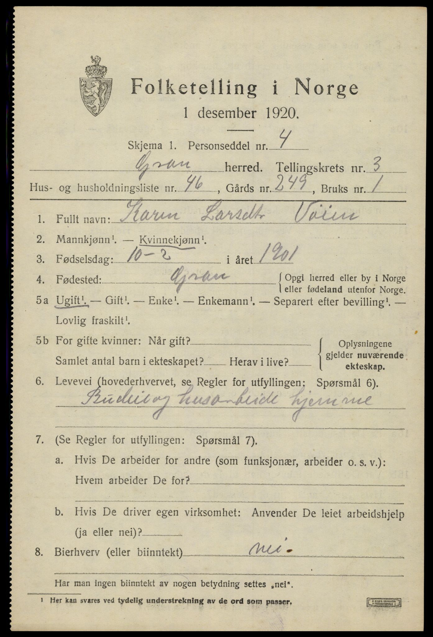 SAH, 1920 census for Gran, 1920, p. 5750